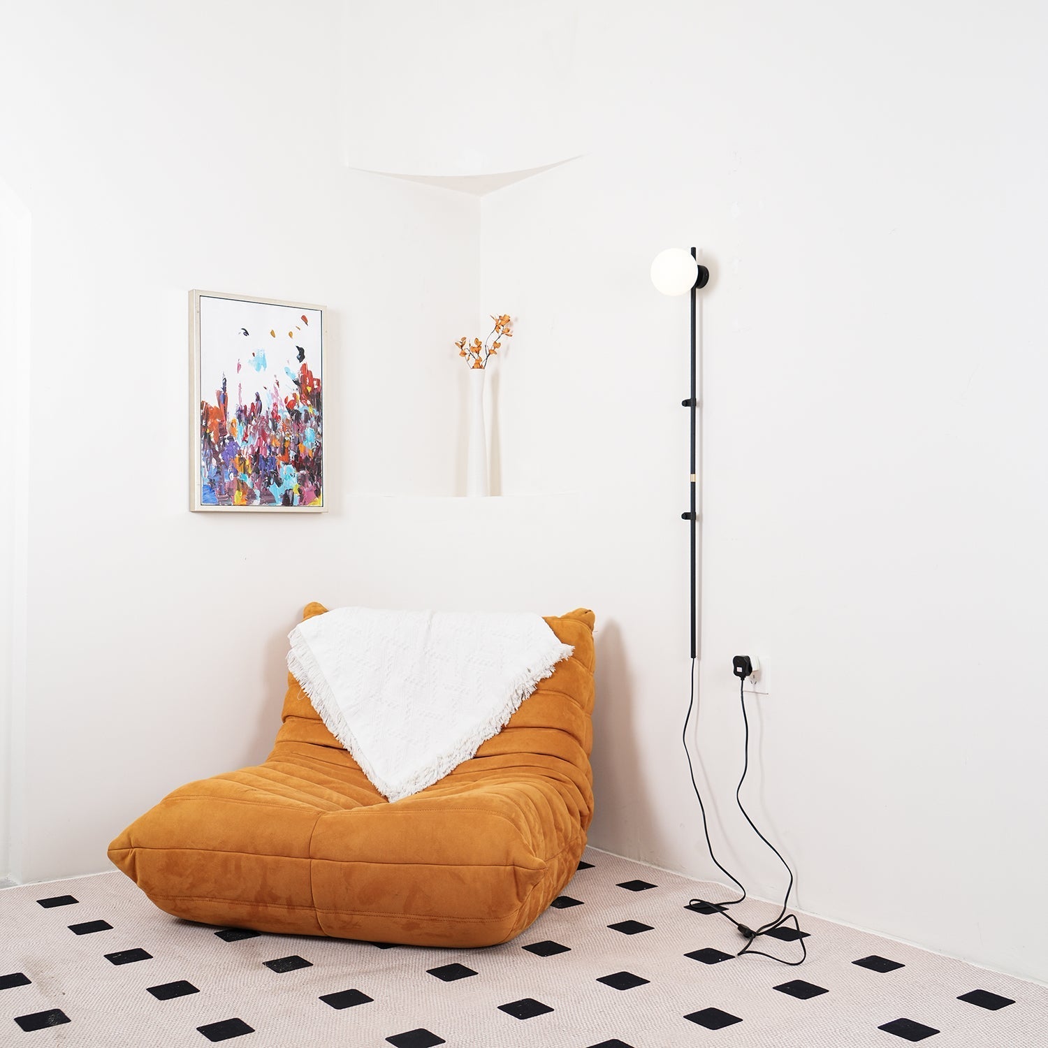 Modern Tall Vertical Stem Wall Lamp with White Glass Globe and Plug In Cord