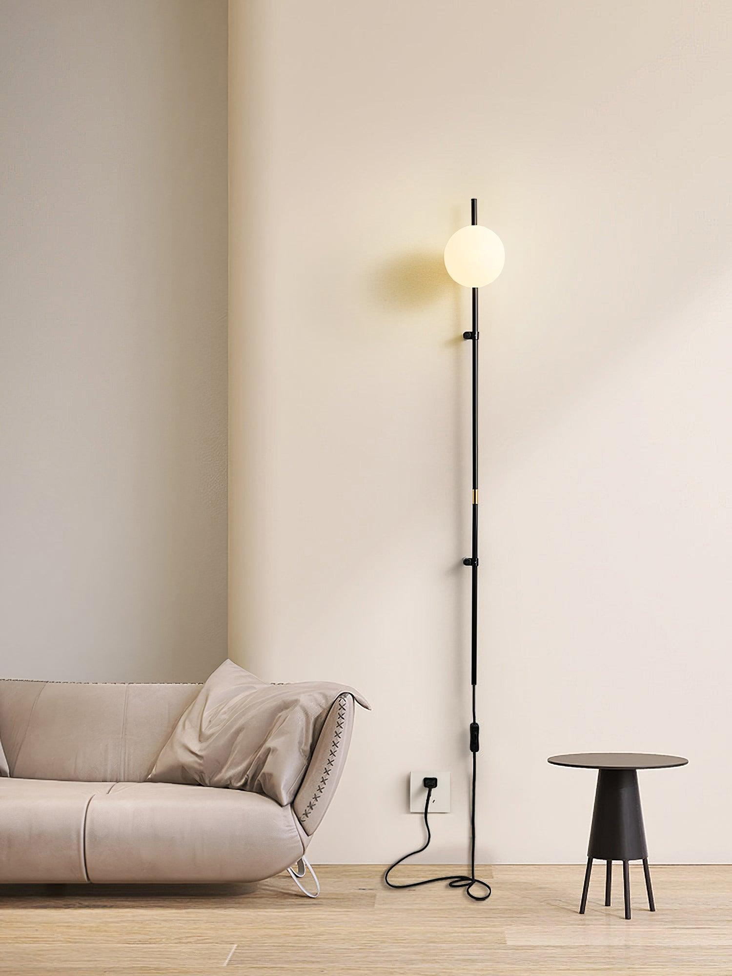 Modern Tall Vertical Stem Wall Lamp with White Glass Globe and Plug In Cord