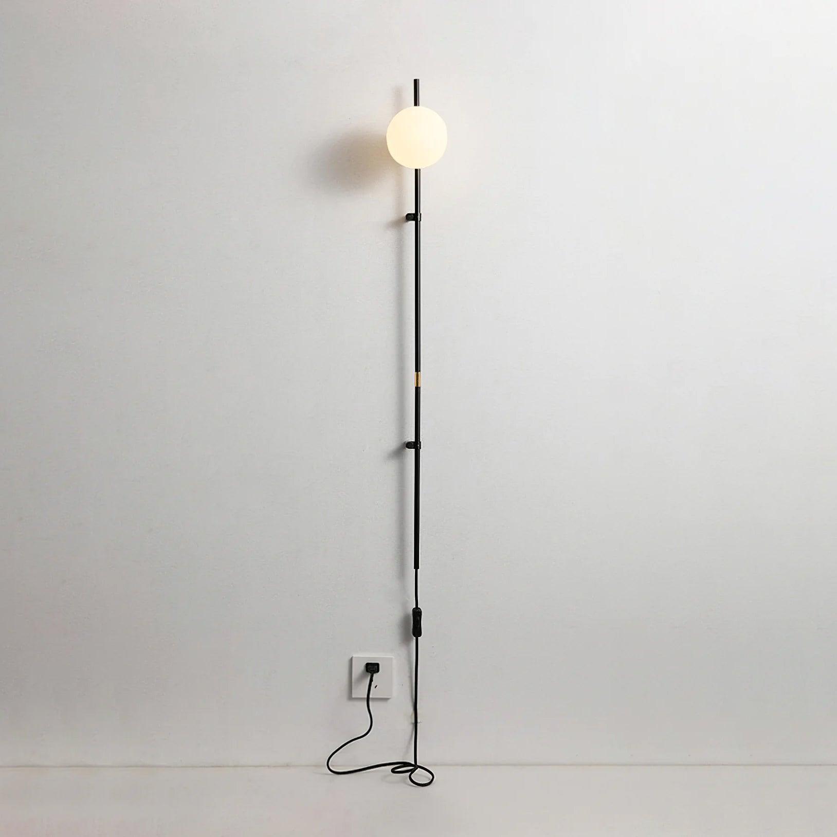 Modern Tall Vertical Stem Wall Lamp with White Glass Globe and Plug In Cord