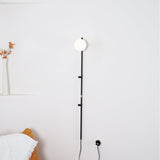 Modern Tall Vertical Stem Wall Lamp with White Glass Globe and Plug In Cord