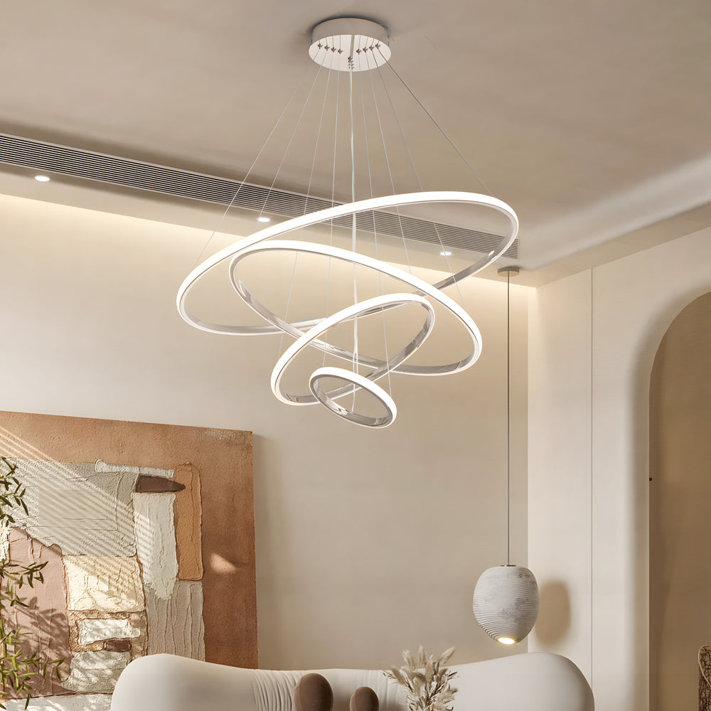 Modern Tiered LED Ring Chandelier in Polished Chrome Finish for Living and Dining Room