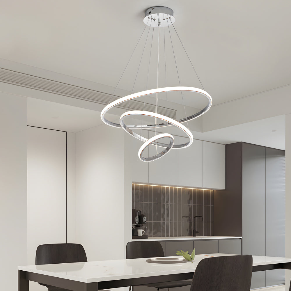 Modern Tiered LED Ring Chandelier in Polished Chrome Finish for Living and Dining Room