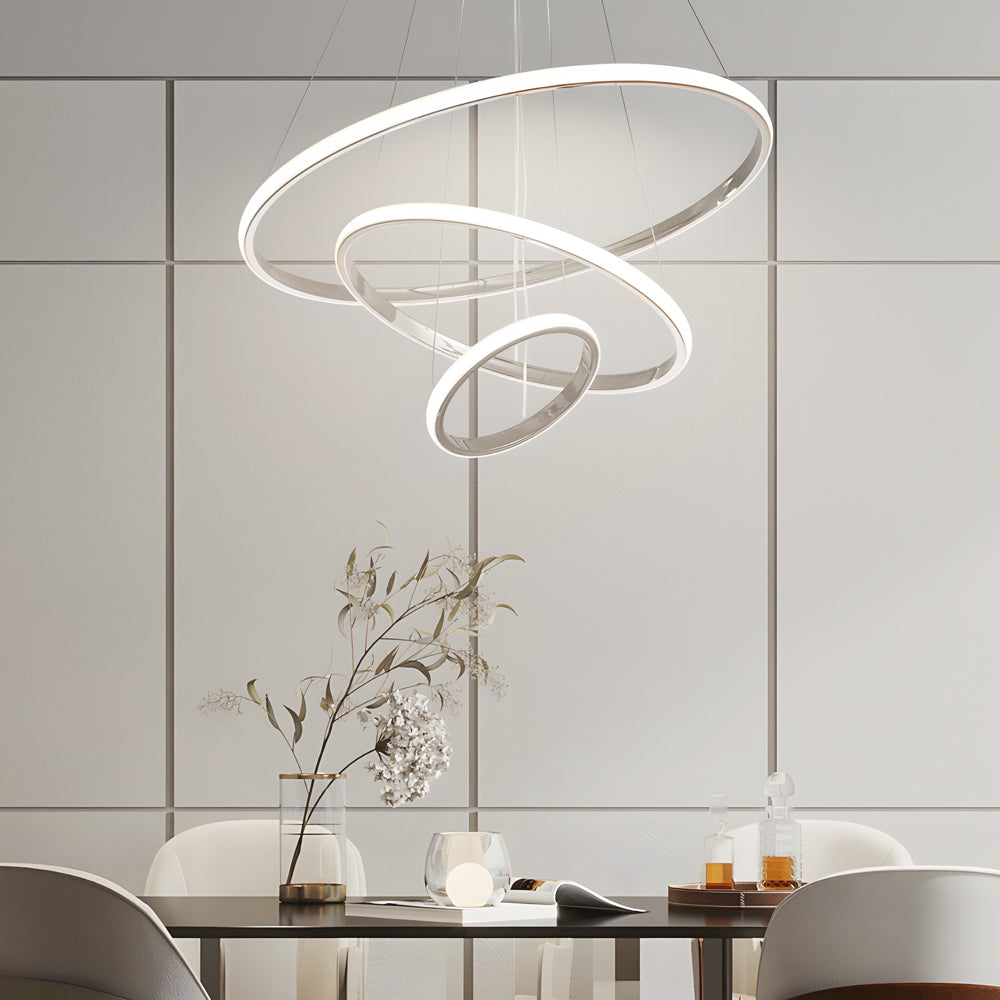 Modern Tiered LED Ring Chandelier in Polished Chrome Finish for Living and Dining Room
