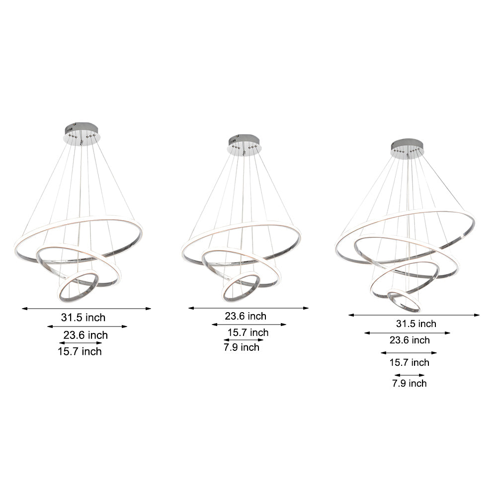 Modern Tiered LED Ring Chandelier in Polished Chrome Finish for Living and Dining Room