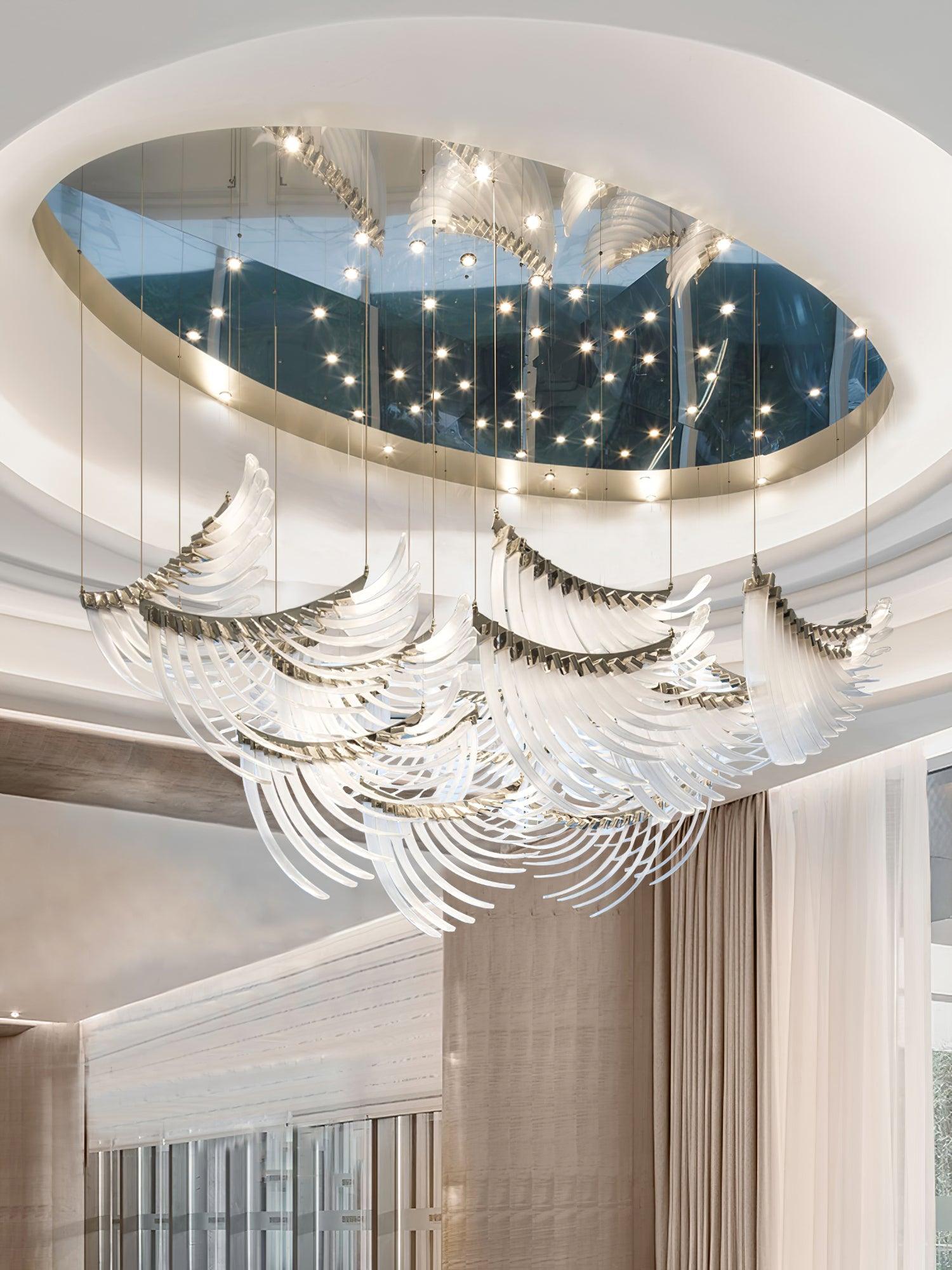 Modern Tiered Palmette Acrylic Chandelier with Ribbed Leaf Design and Chrome Finish