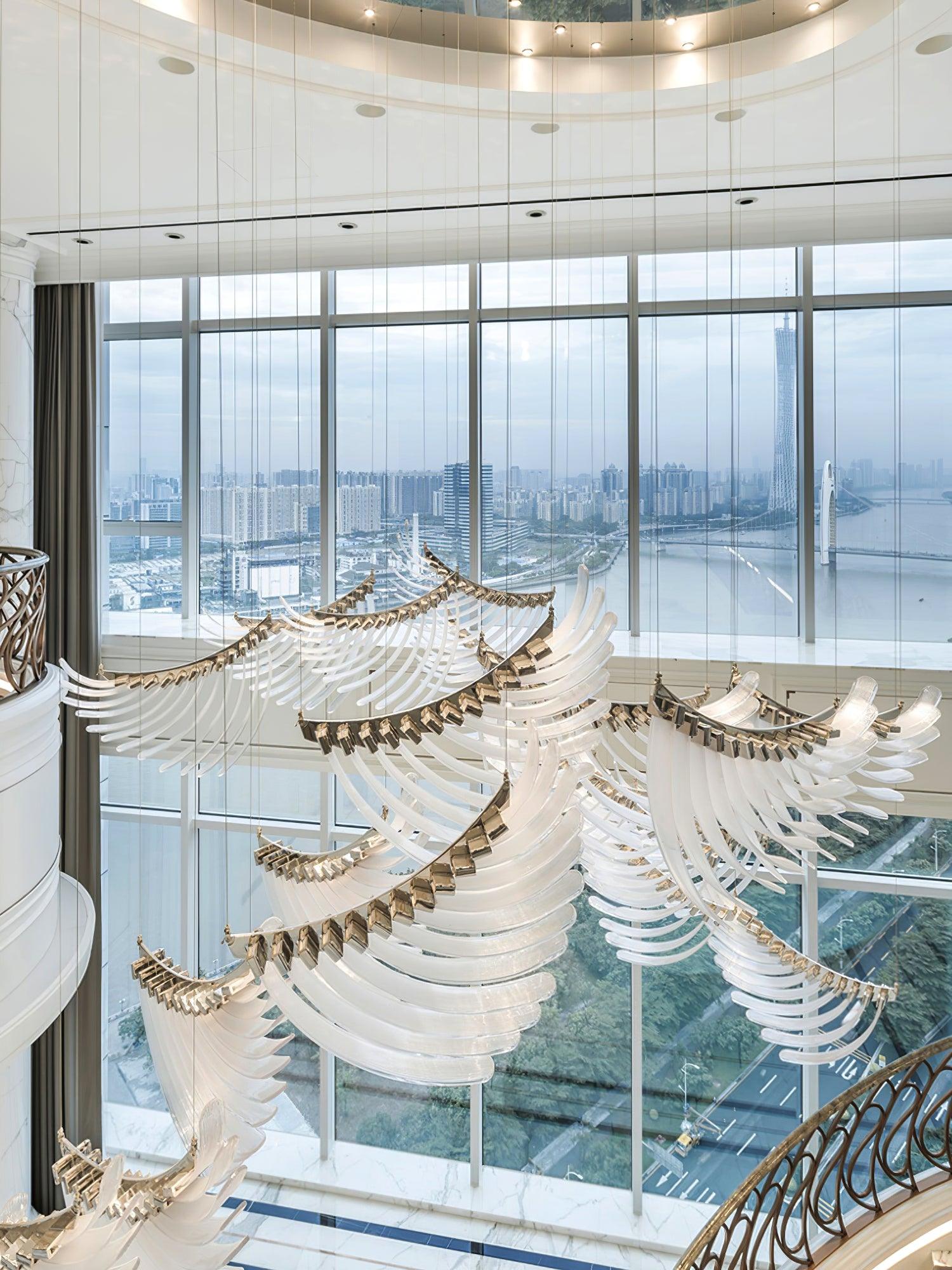 Modern Tiered Palmette Acrylic Chandelier with Ribbed Leaf Design and Chrome Finish
