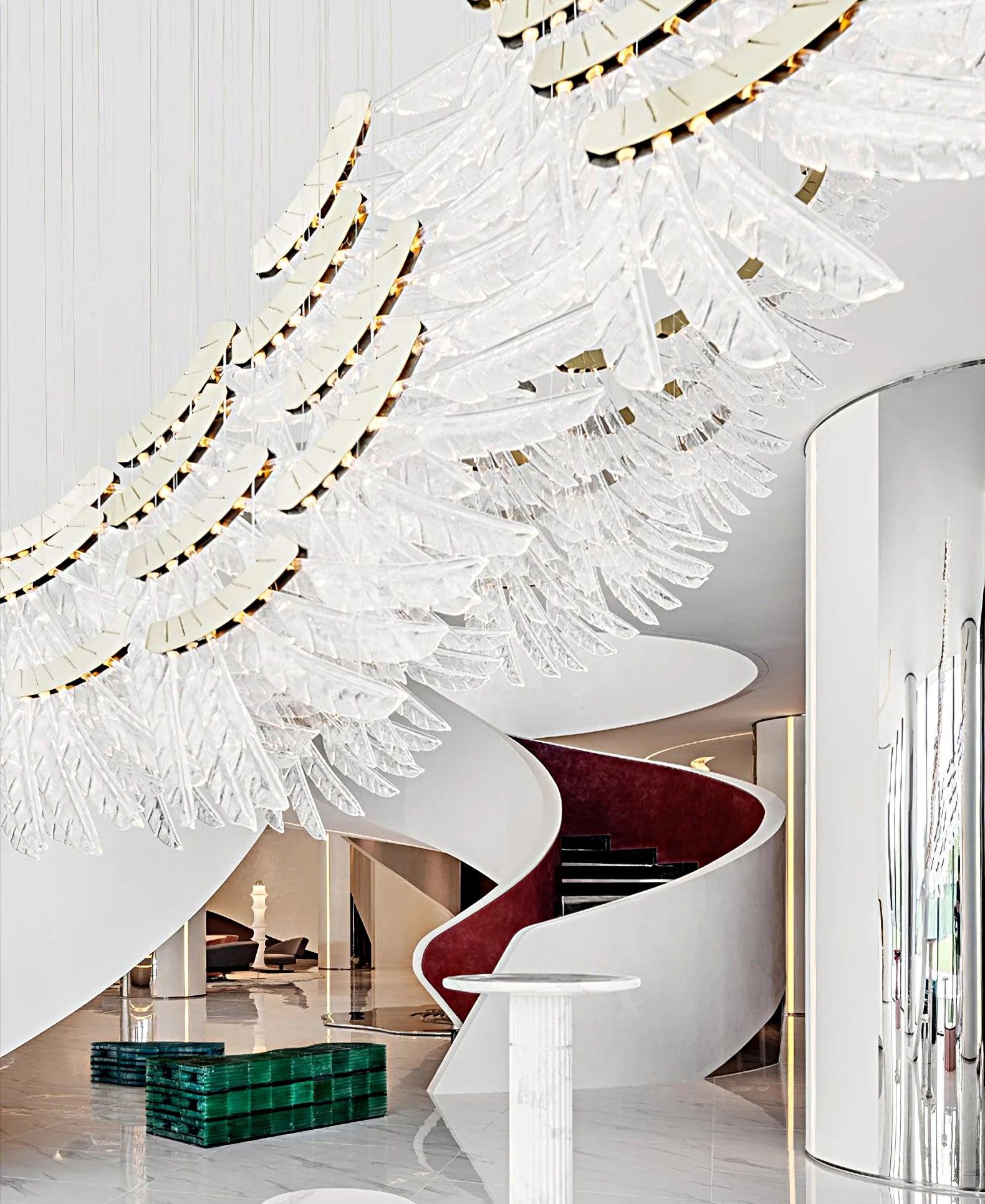 Modern Tiered Palmette Acrylic Chandelier with Ribbed Leaf Design and Chrome Finish