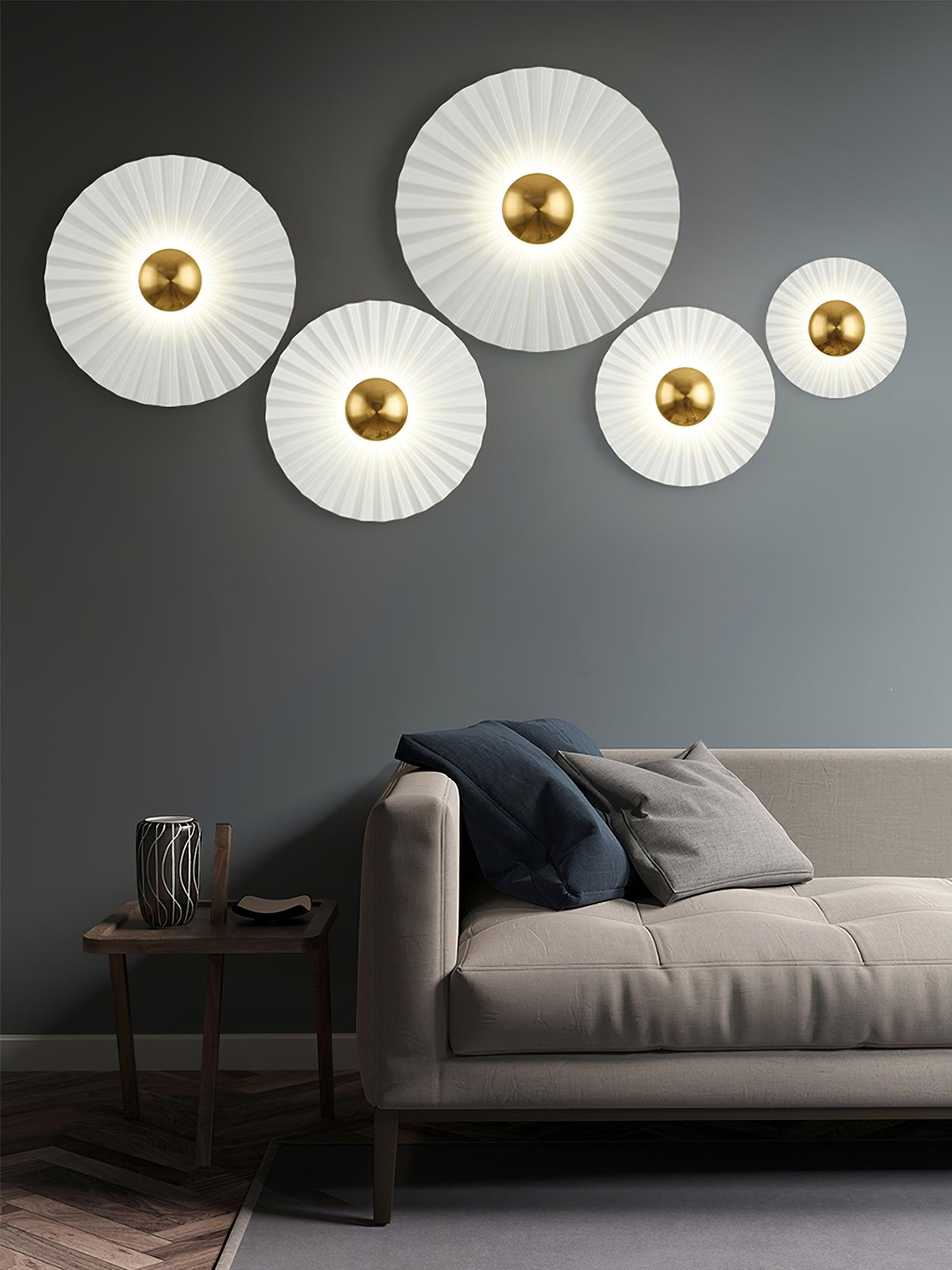 Modern Tinsley Pleated Ceramic Wall Sconce Glossy White and Gold Flush Mount Light for Living Room