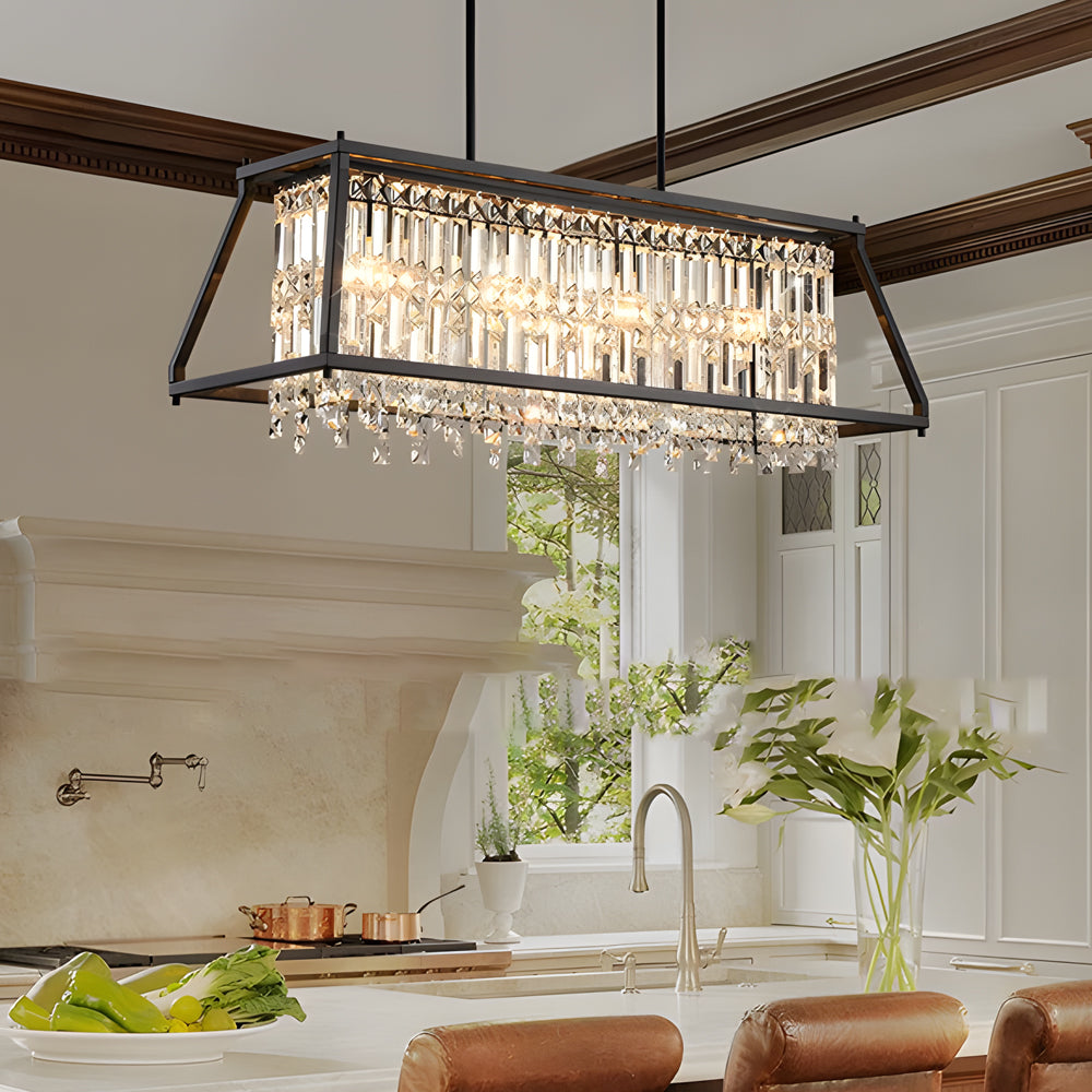 Modern Trapezoidal Black Metal and Crystal Chandelier for Dining Room Island Lighting