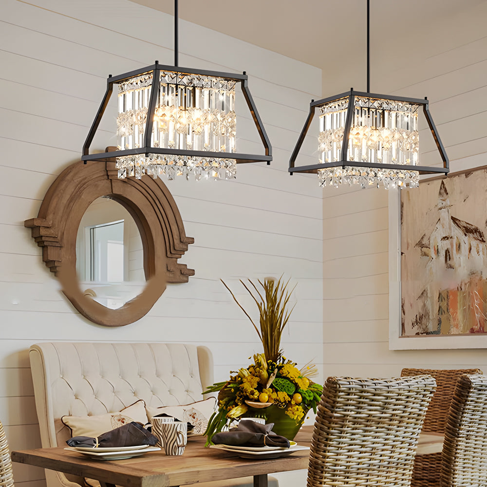 Modern Trapezoidal Black Metal and Crystal Chandelier for Dining Room Island Lighting