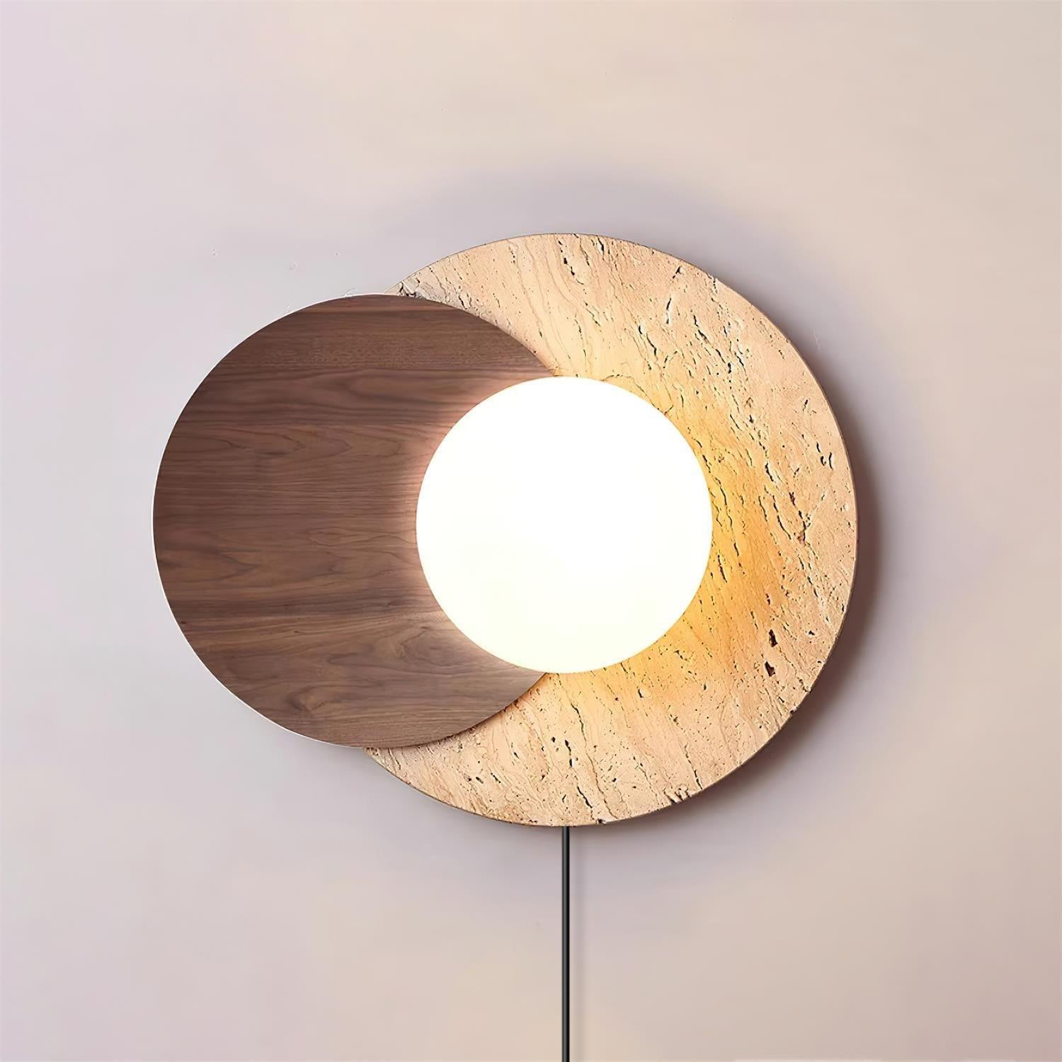 Modern Travertine and Glass Spherical Wall Sconce Minimalist Plug in Lighting