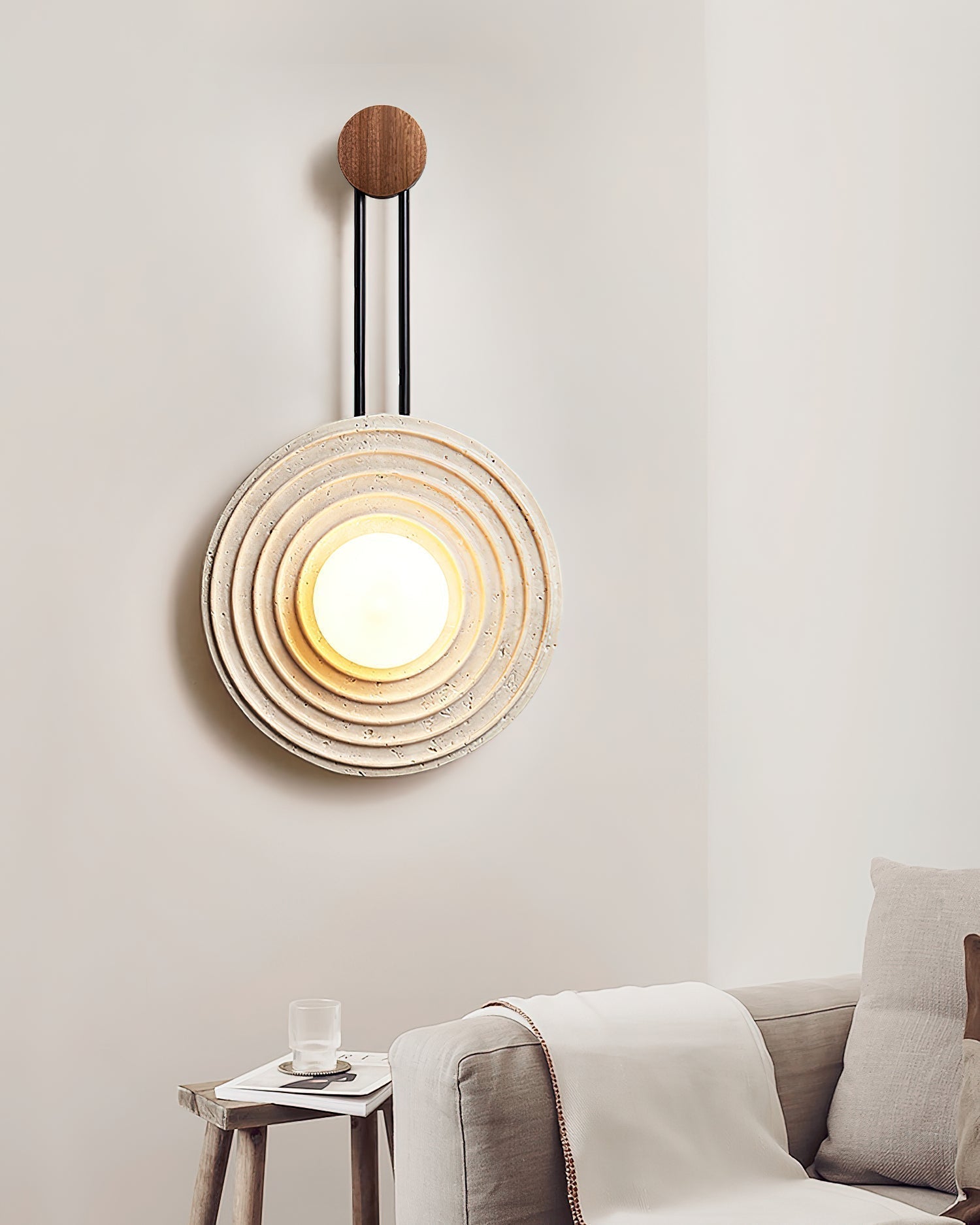Modern Travertine Growth Ring Wall Sconce Wood and Glass Pendulum Style Indoor Light