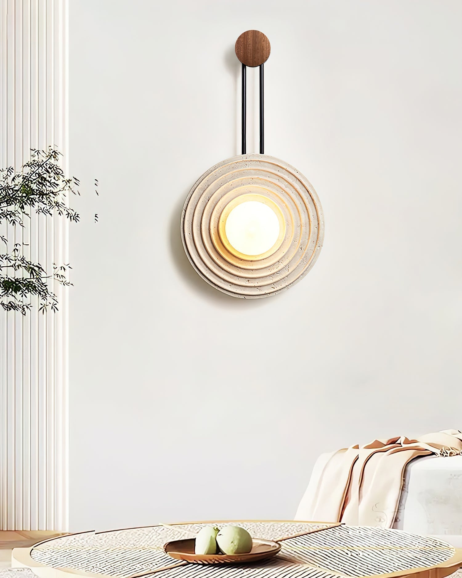 Modern Travertine Growth Ring Wall Sconce Wood and Glass Pendulum Style Indoor Light