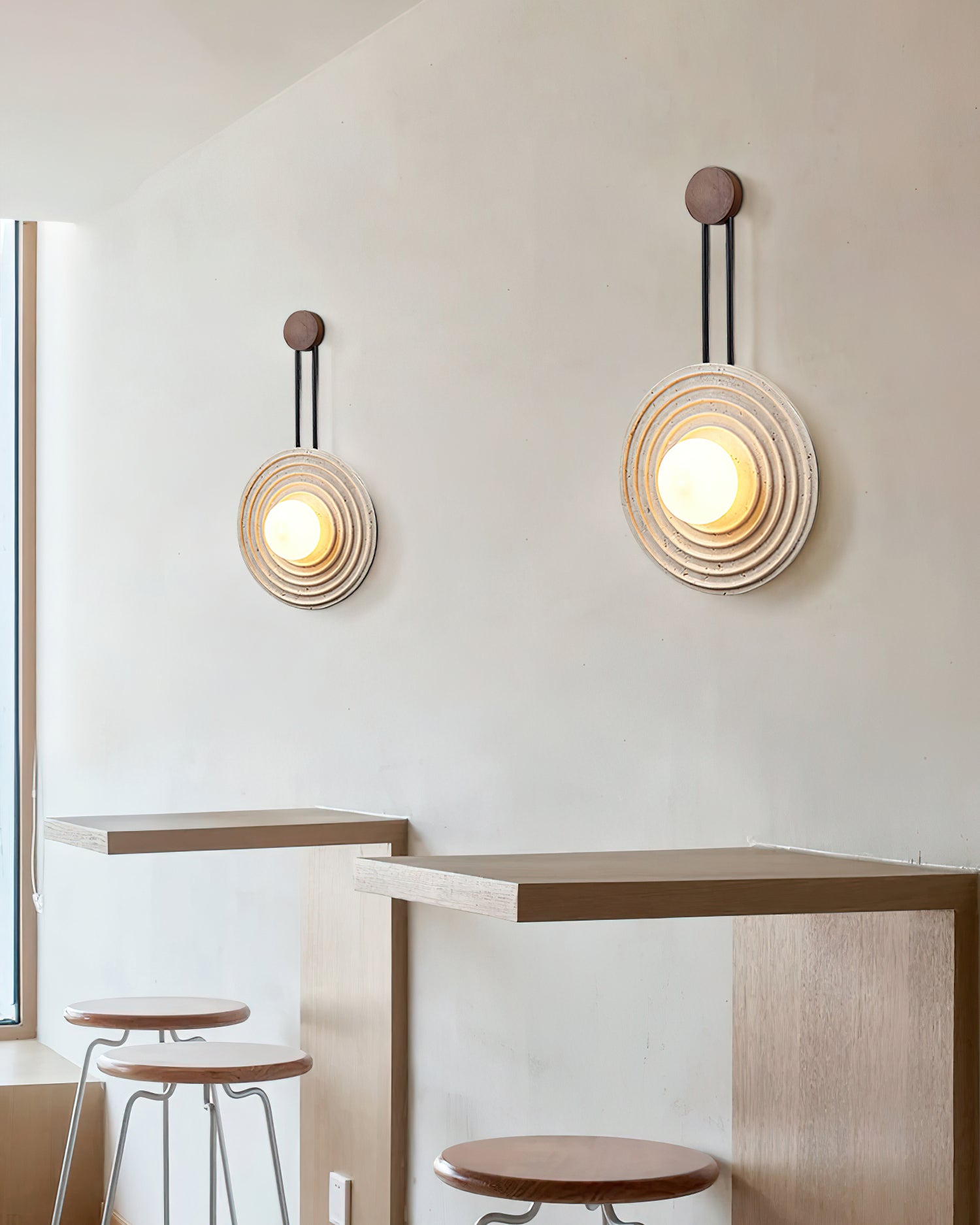 Modern Travertine Growth Ring Wall Sconce Wood and Glass Pendulum Style Indoor Light