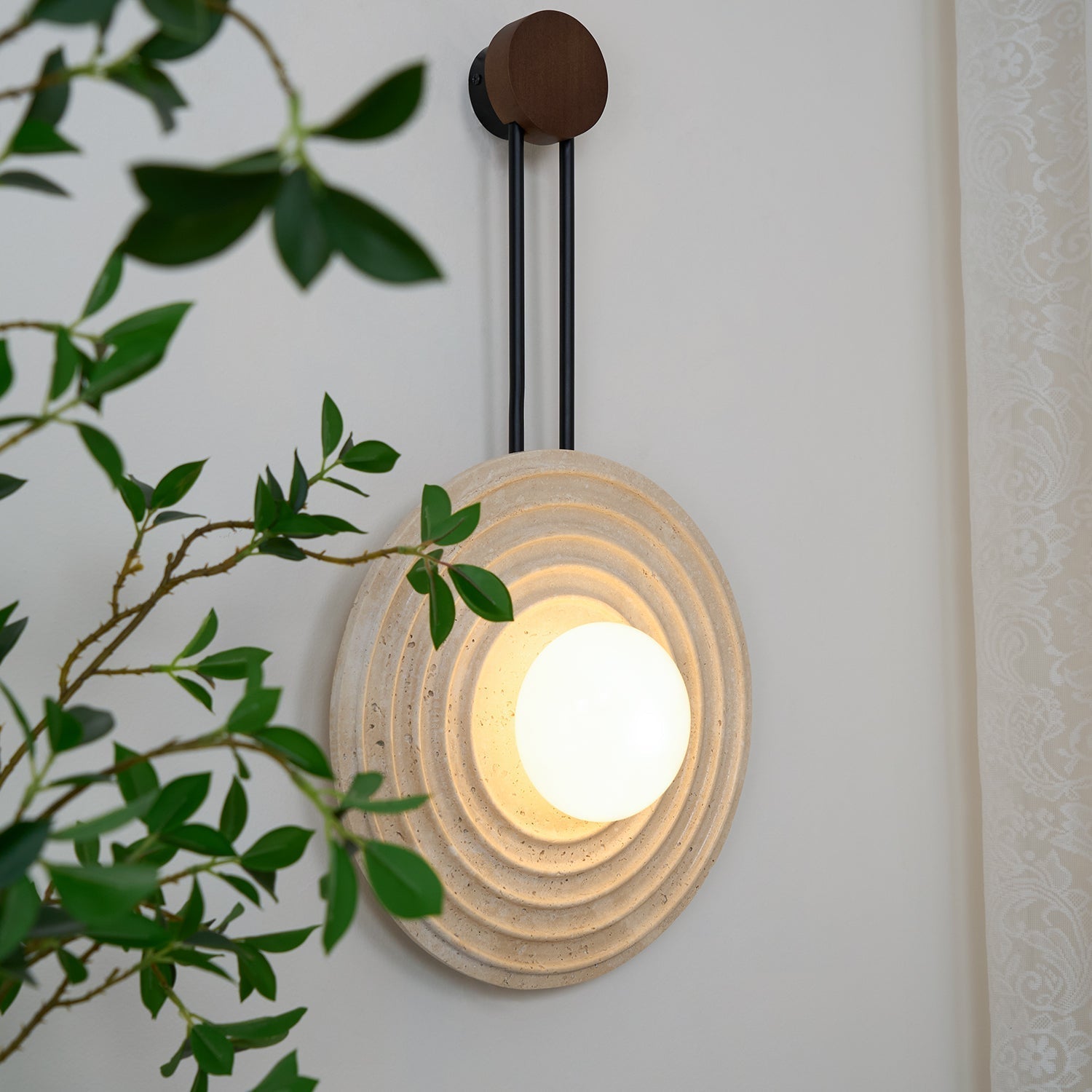 Modern Travertine Growth Ring Wall Sconce Wood and Glass Pendulum Style Indoor Light