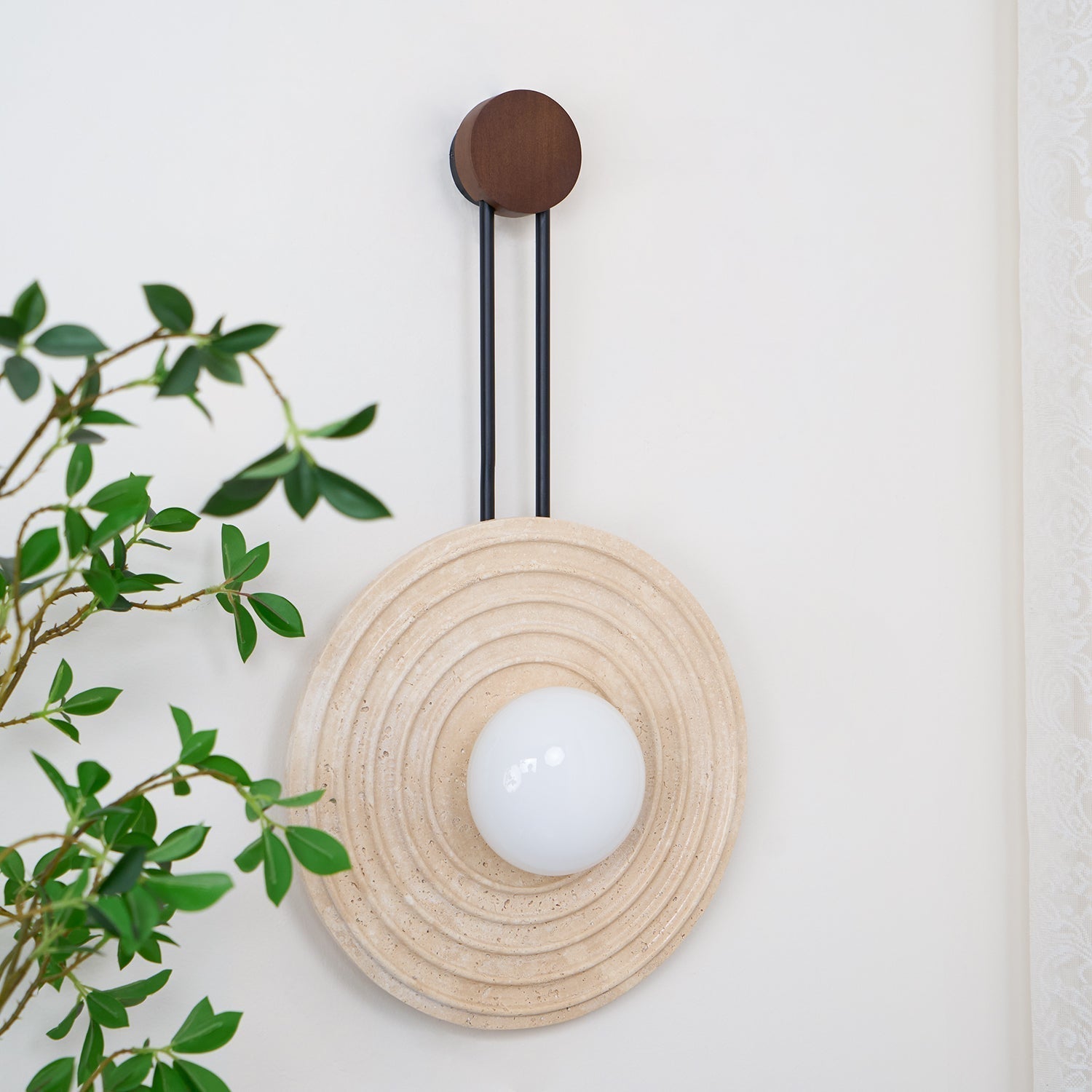 Modern Travertine Growth Ring Wall Sconce Wood and Glass Pendulum Style Indoor Light