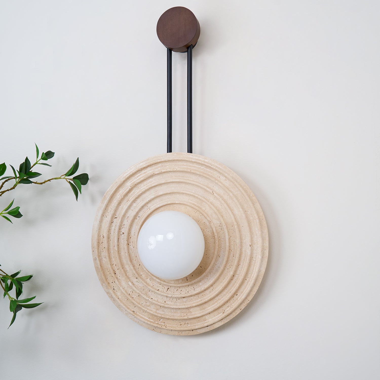 Modern Travertine Growth Ring Wall Sconce Wood and Glass Pendulum Style Indoor Light