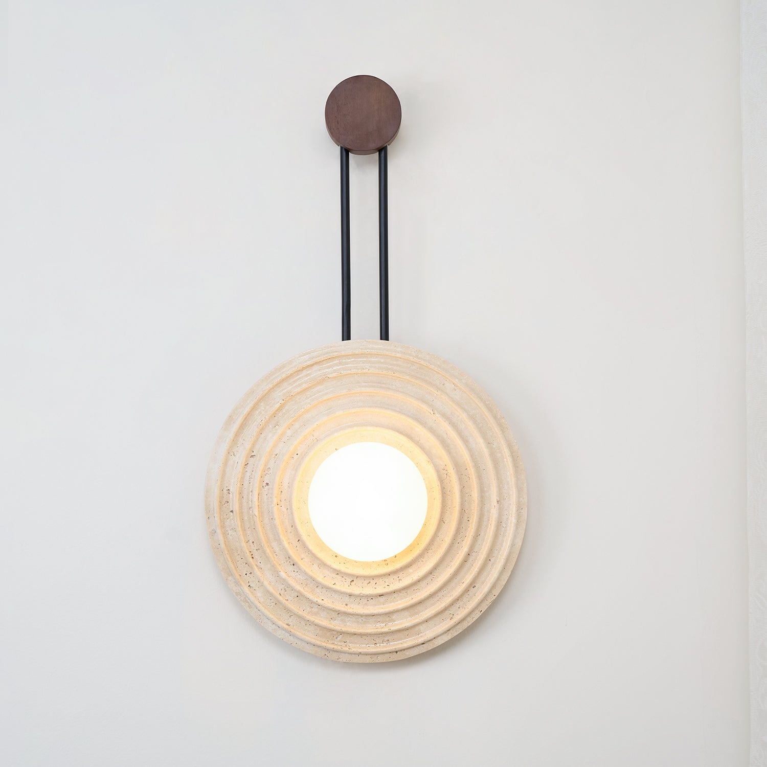 Modern Travertine Growth Ring Wall Sconce Wood and Glass Pendulum Style Indoor Light
