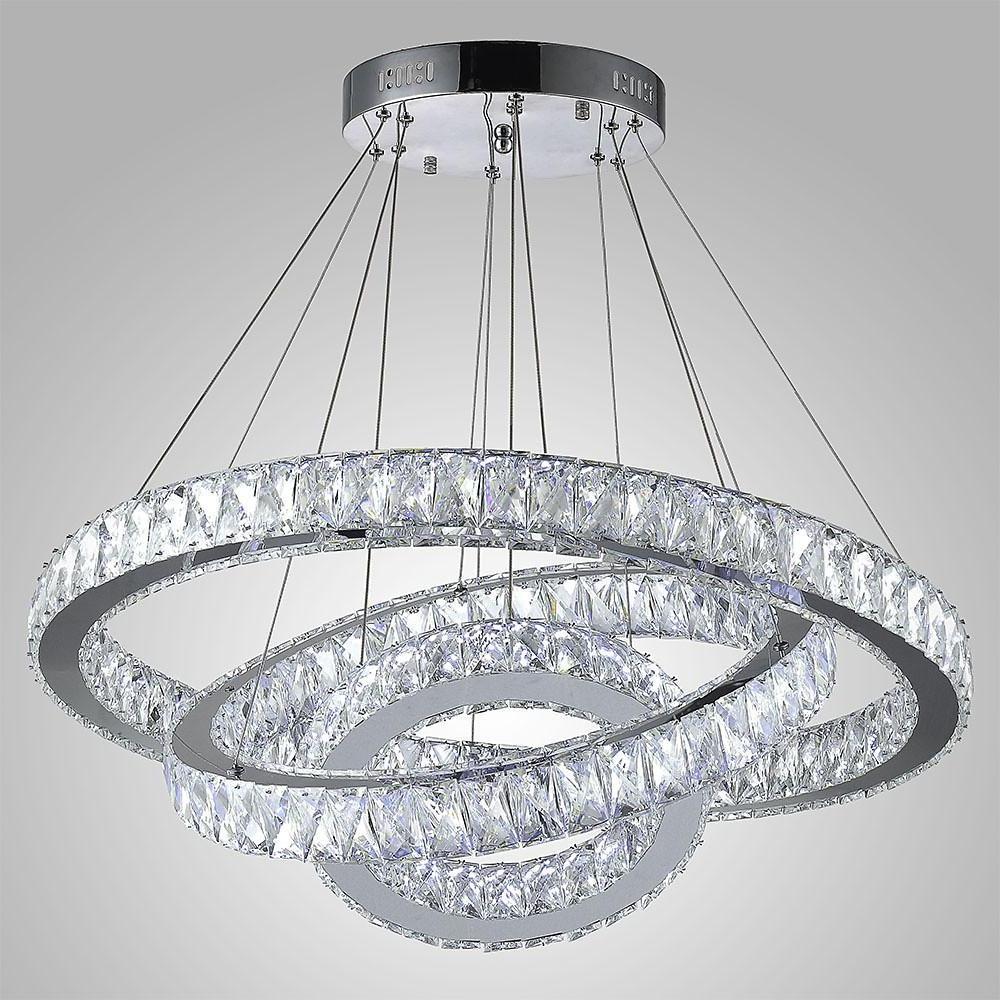 Modern Triple Circle Crystal Pendant Lighting Dimmable LED Silver Chandelier
