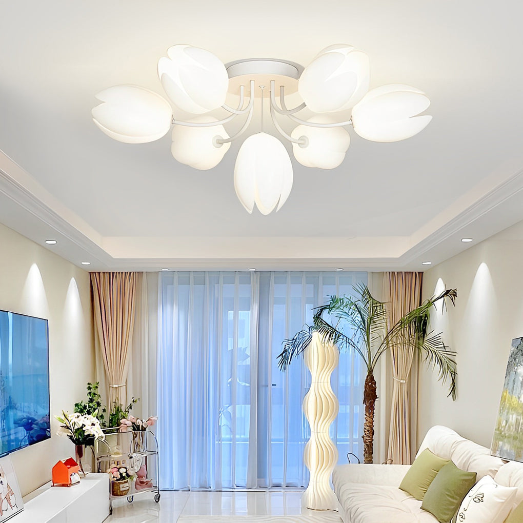 Modern Tulip Flower Design Flush Mount Ceiling Light White Minimalist Chandelier G9