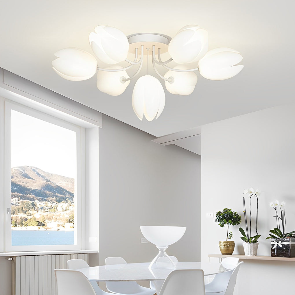Modern Tulip Flower Design Flush Mount Ceiling Light White Minimalist Chandelier G9
