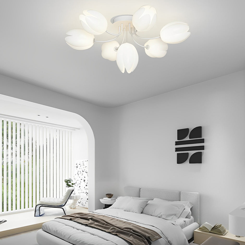Modern Tulip Flower Design Flush Mount Ceiling Light White Minimalist Chandelier G9