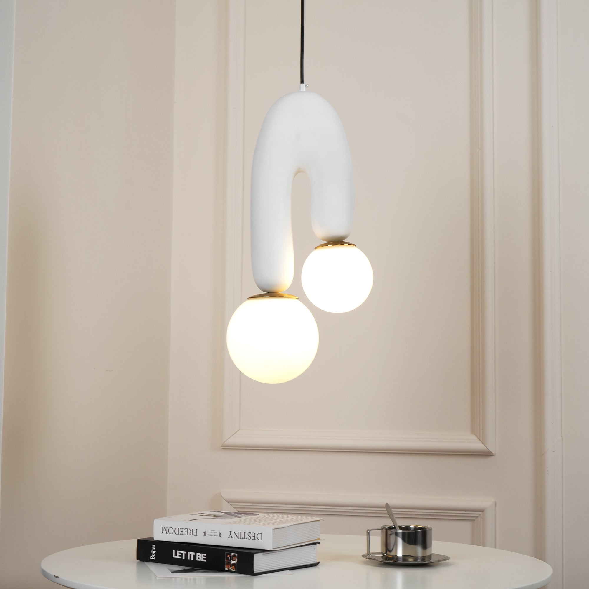 Modern U Shaped Resin Pendant Light with Opaline Glass Spheres and Gold Accents