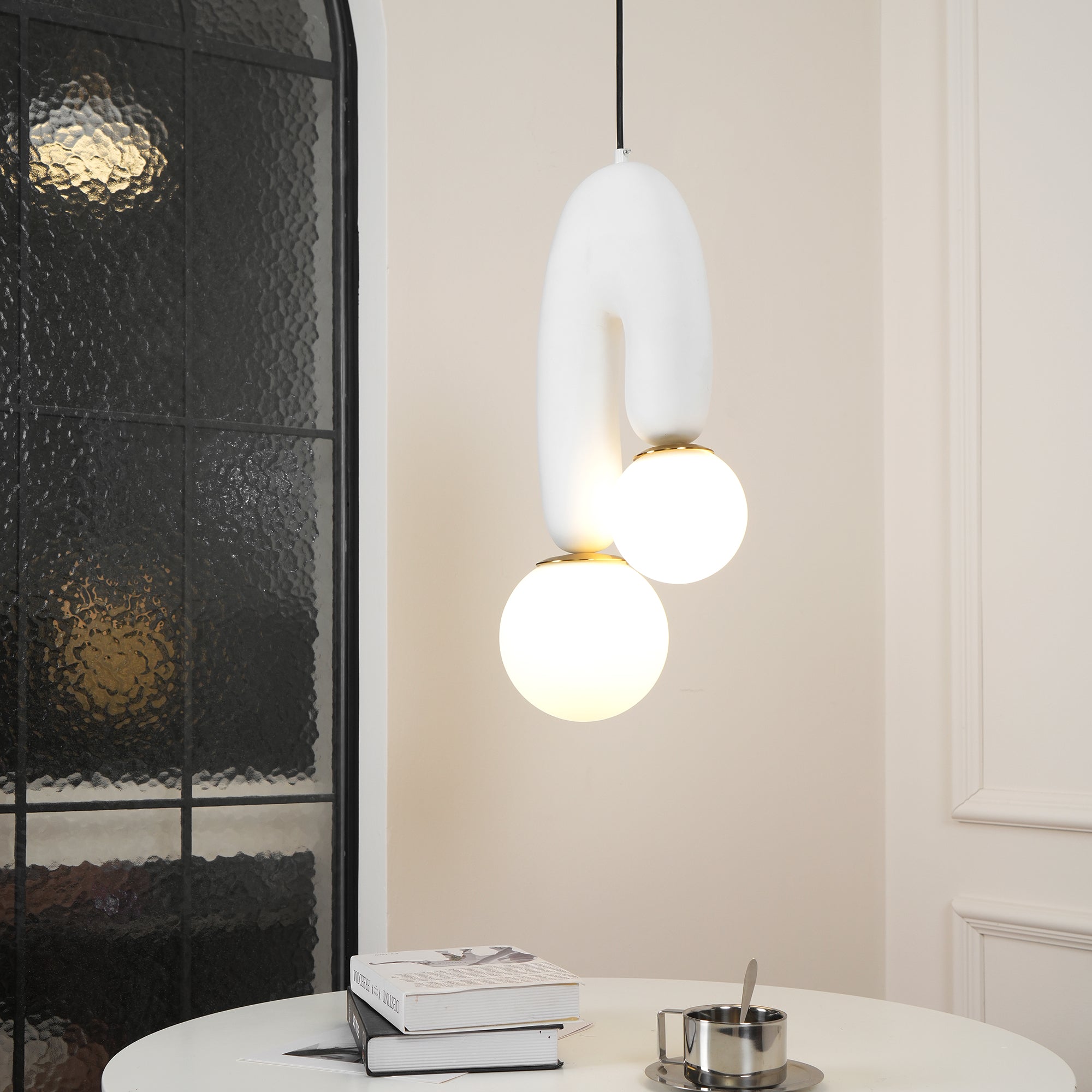 Modern U Shaped Resin Pendant Light with Opaline Glass Spheres and Gold Accents