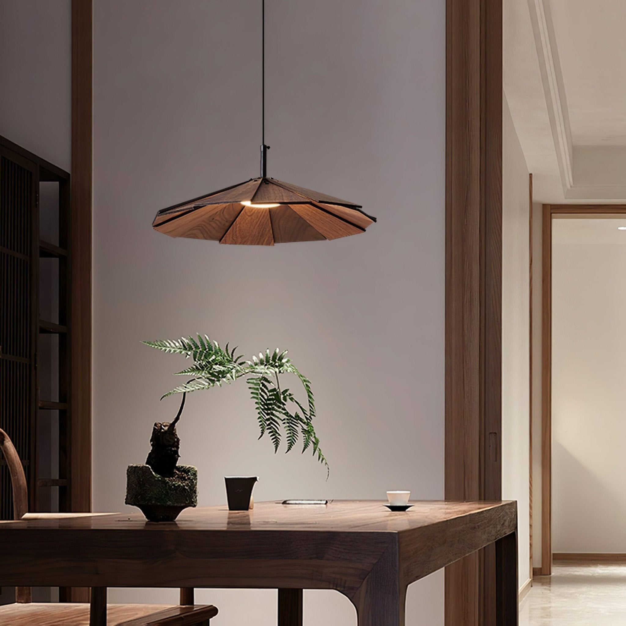 Modern Umbrella Shape Wooden LED Hanging Pendant Light for Dining Room