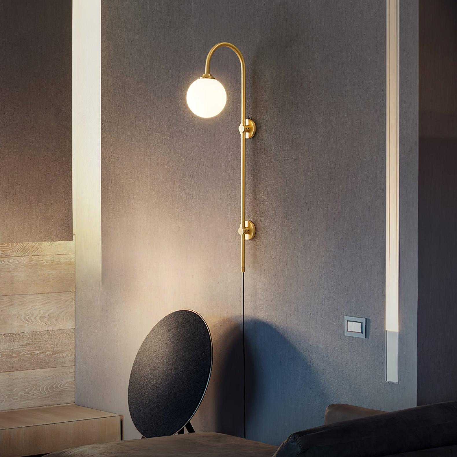 Modern Vertical Brass Wall Sconce with Globe Glass Shade Plug In Lighting Fixture