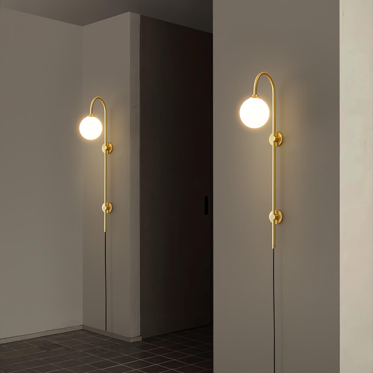 Modern Vertical Brass Wall Sconce with Globe Glass Shade Plug In Lighting Fixture