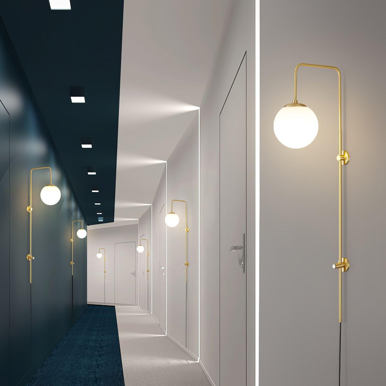 Modern Vertical Brass Wall Sconce with Globe Glass Shade Plug In Lighting Fixture