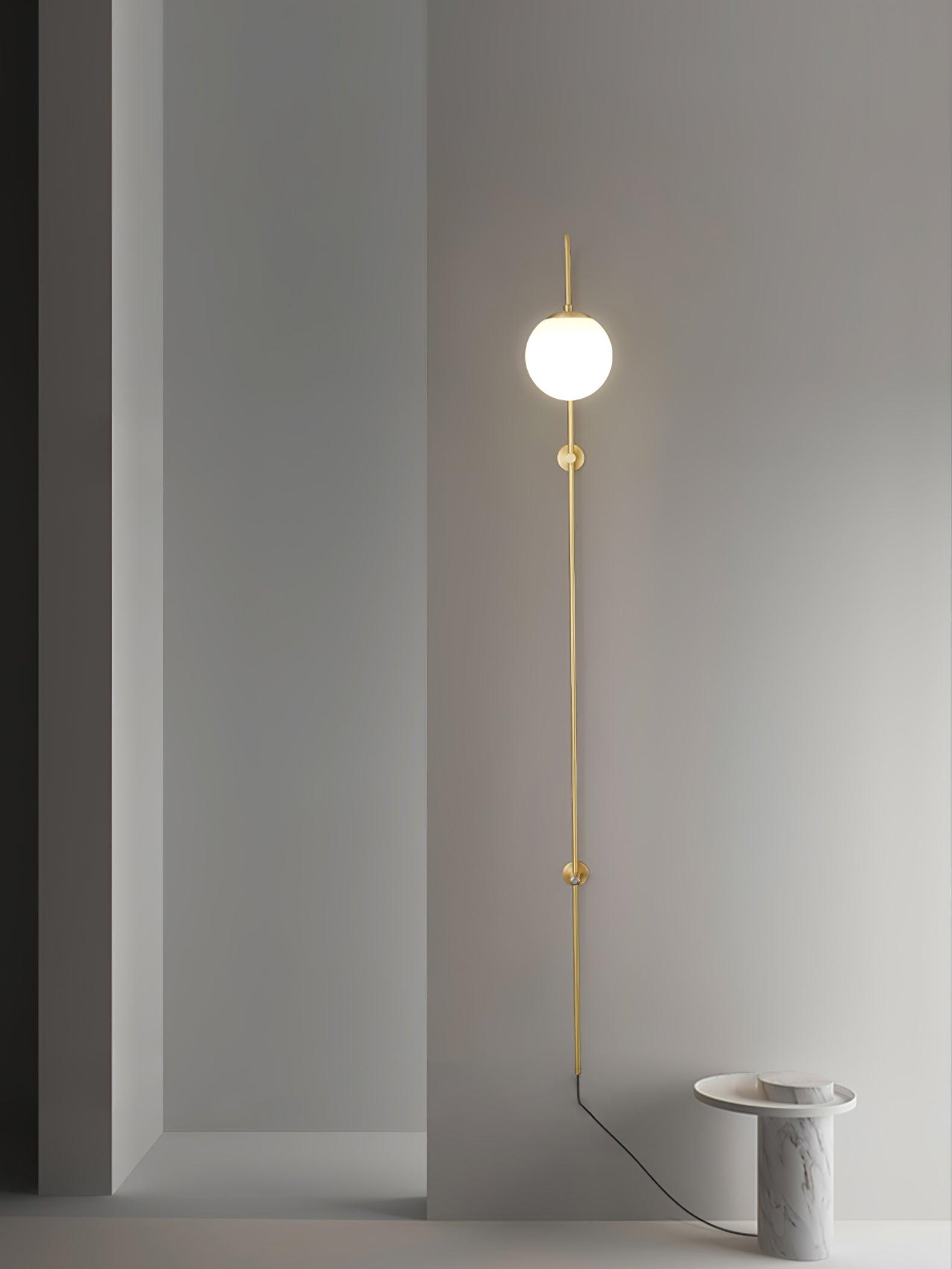 Modern Vertical Brass Wall Sconce with Globe Glass Shade Plug In Lighting Fixture