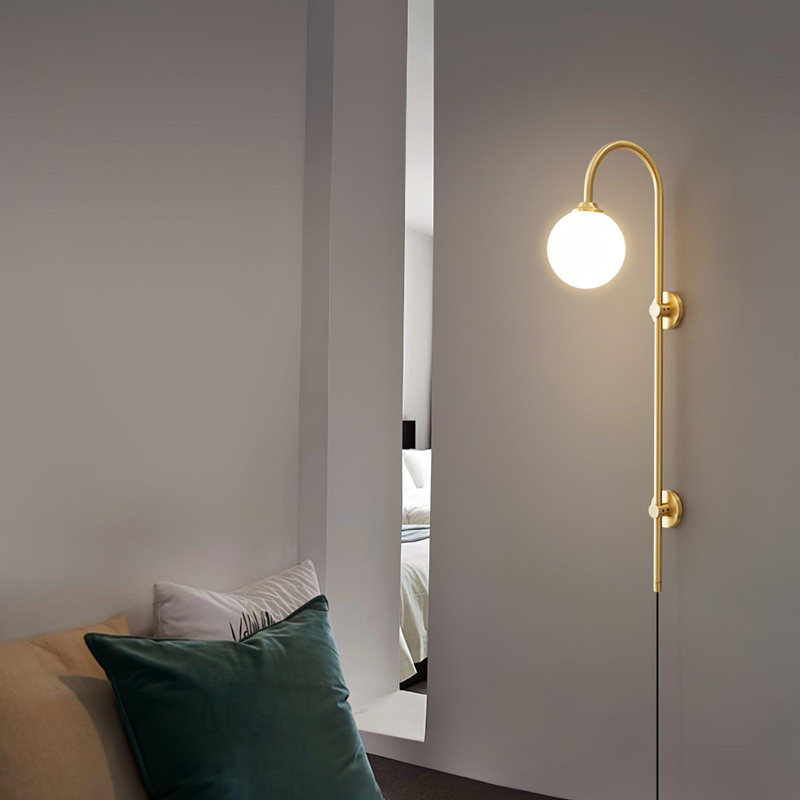 Modern Vertical Brass Wall Sconce with Globe Glass Shade Plug In Lighting Fixture
