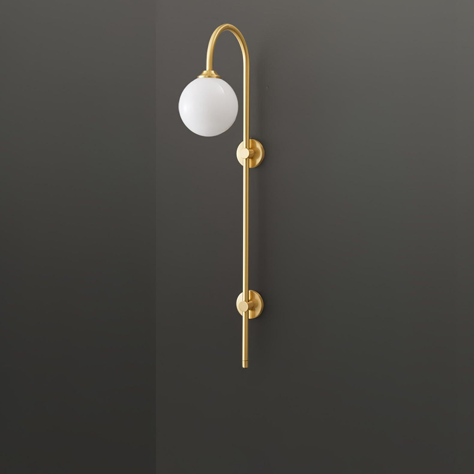 Modern Vertical Gold Wall Sconce with Spherical White Glass Globe Diffuser