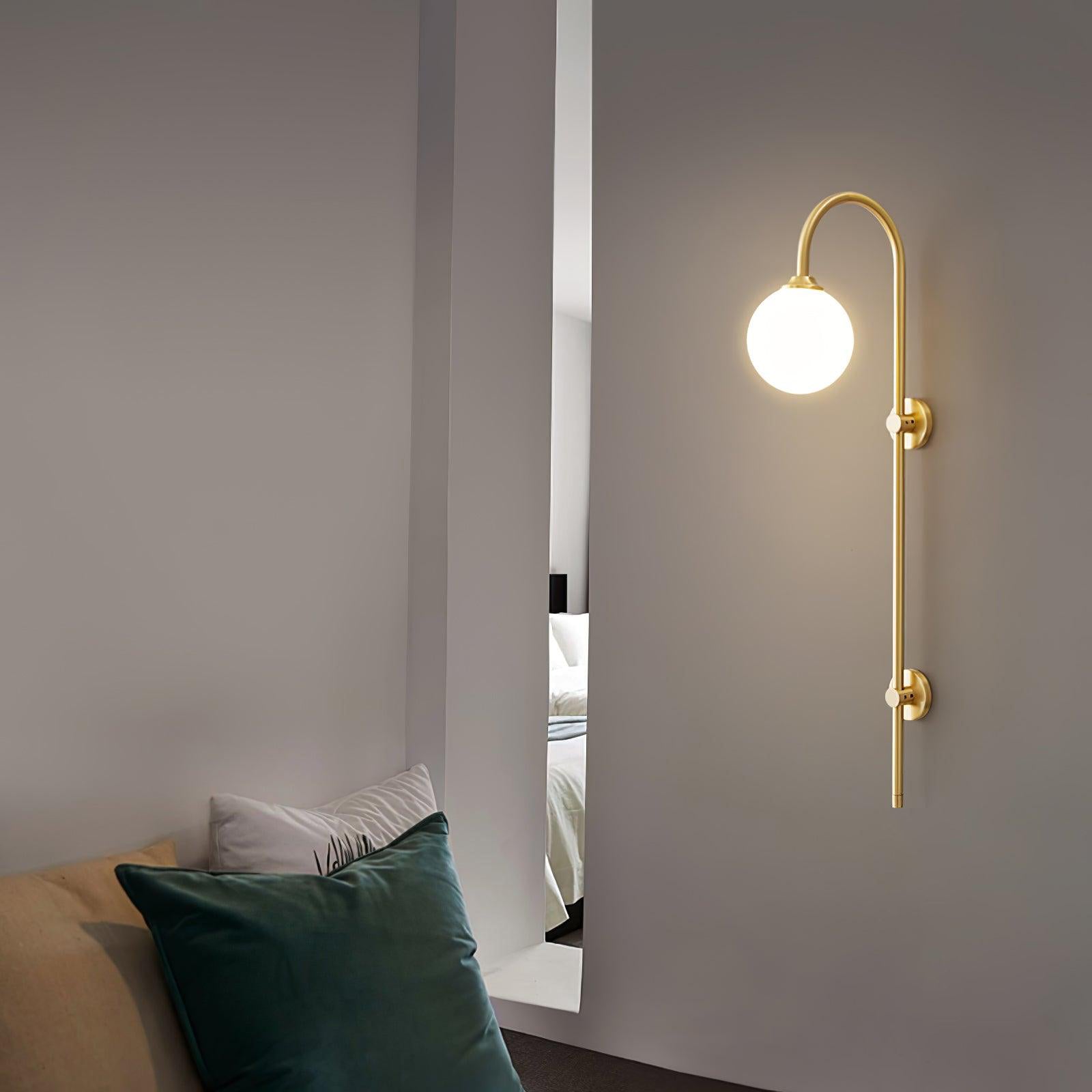 Modern Vertical Gold Wall Sconce with Spherical White Glass Globe Diffuser
