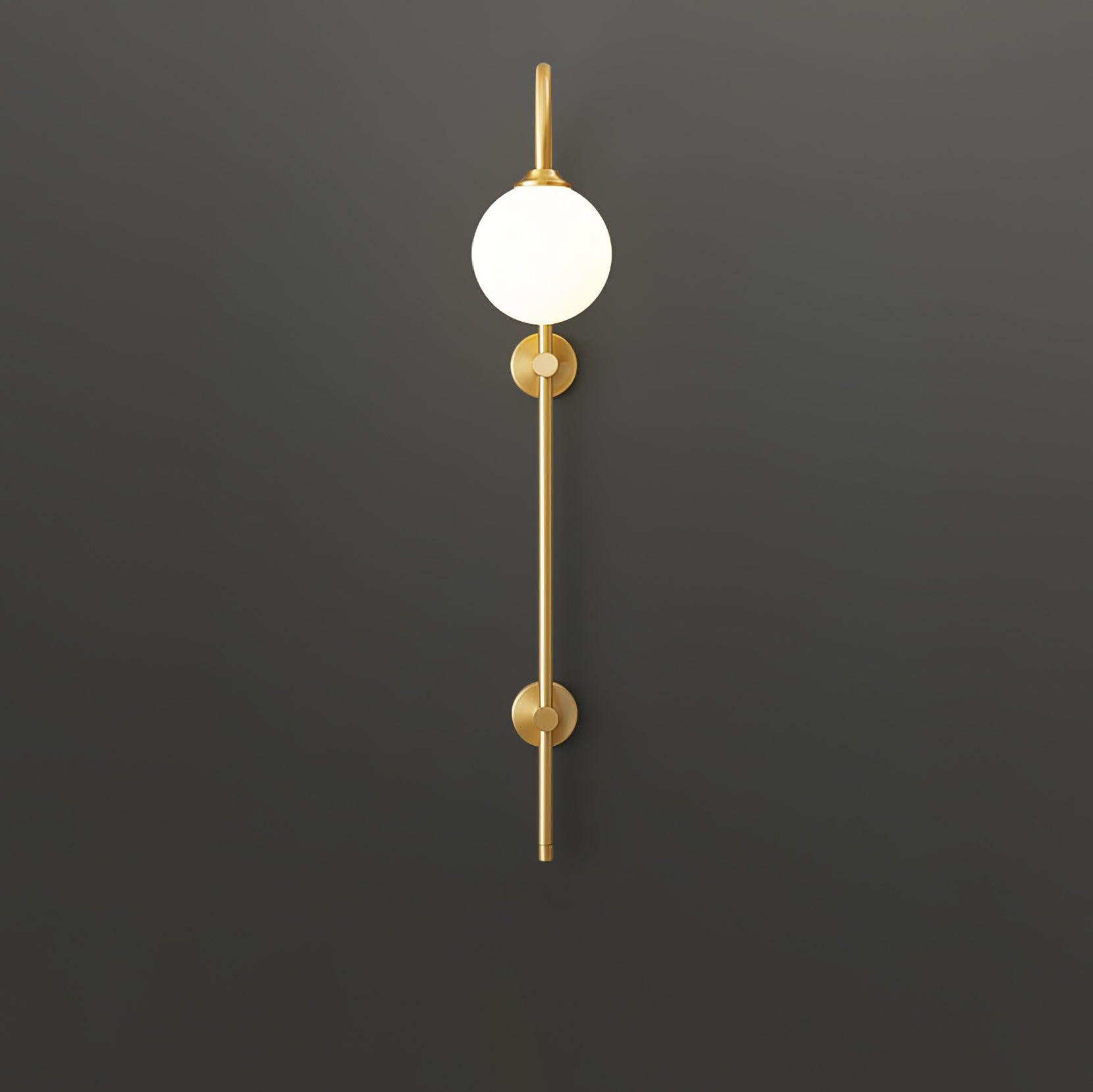 Modern Vertical Gold Wall Sconce with Spherical White Glass Globe Diffuser