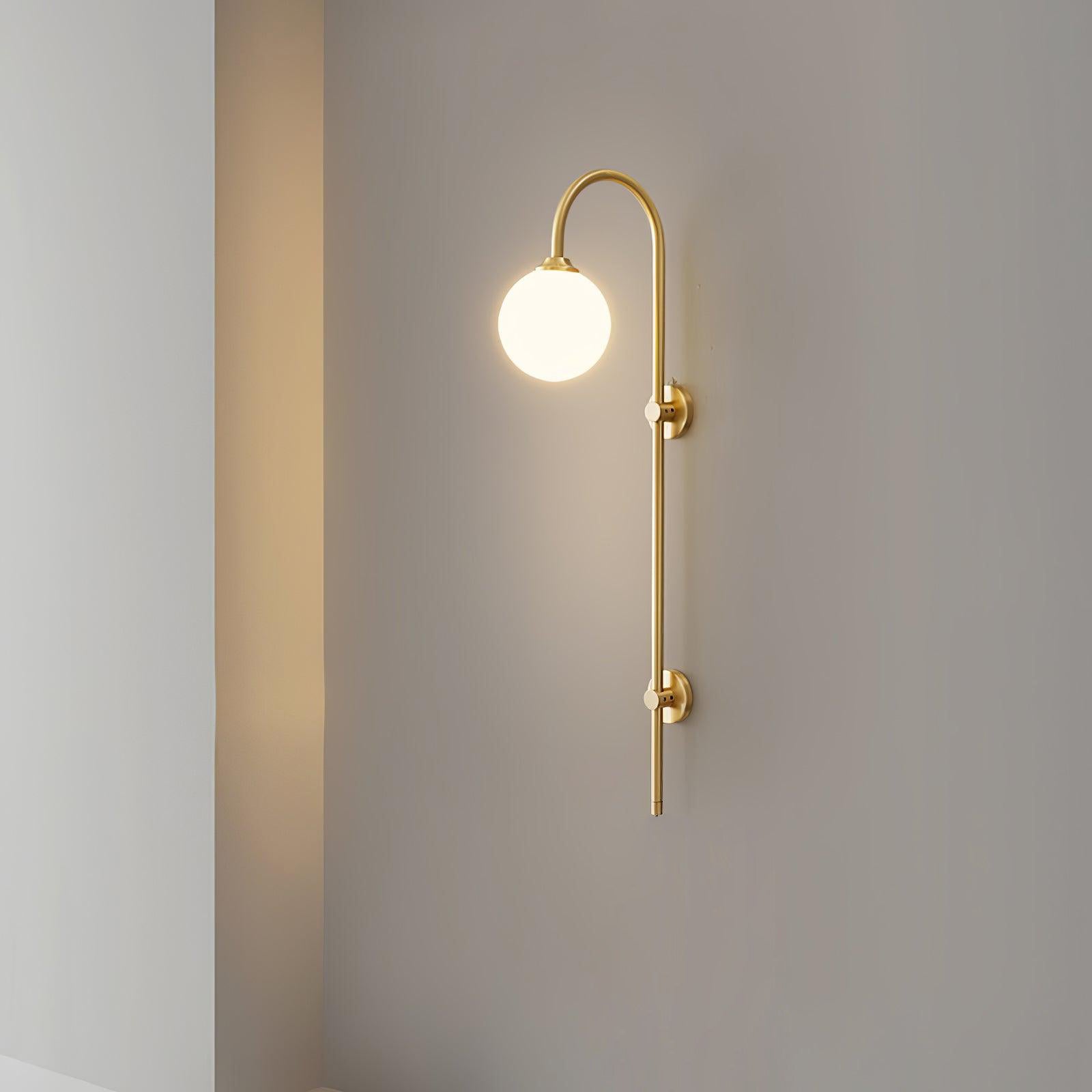 Modern Vertical Gold Wall Sconce with Spherical White Glass Globe Diffuser