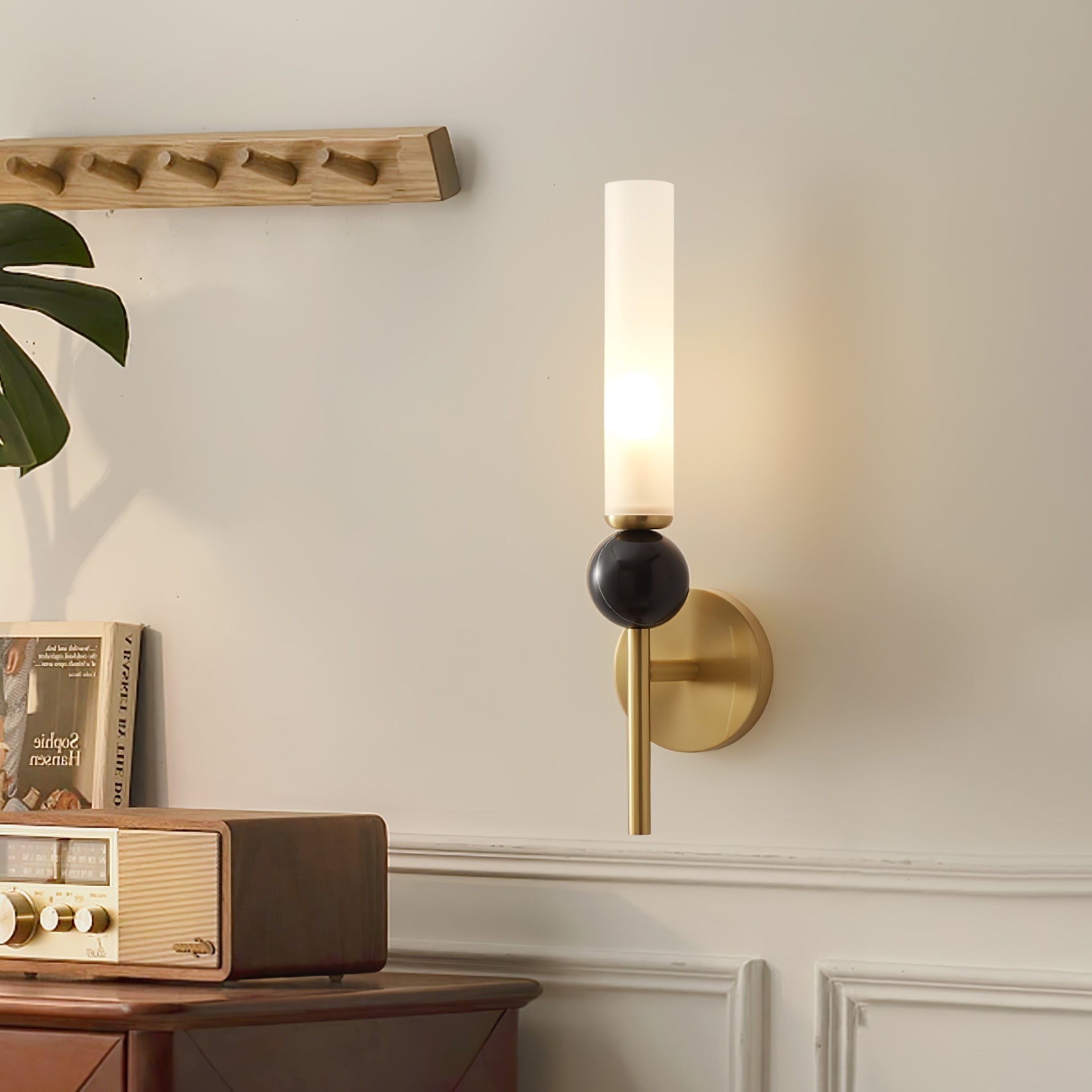 Modern Vertical Marble Wall Sconce with Solid Brass Arm and Acrylic Diffuser
