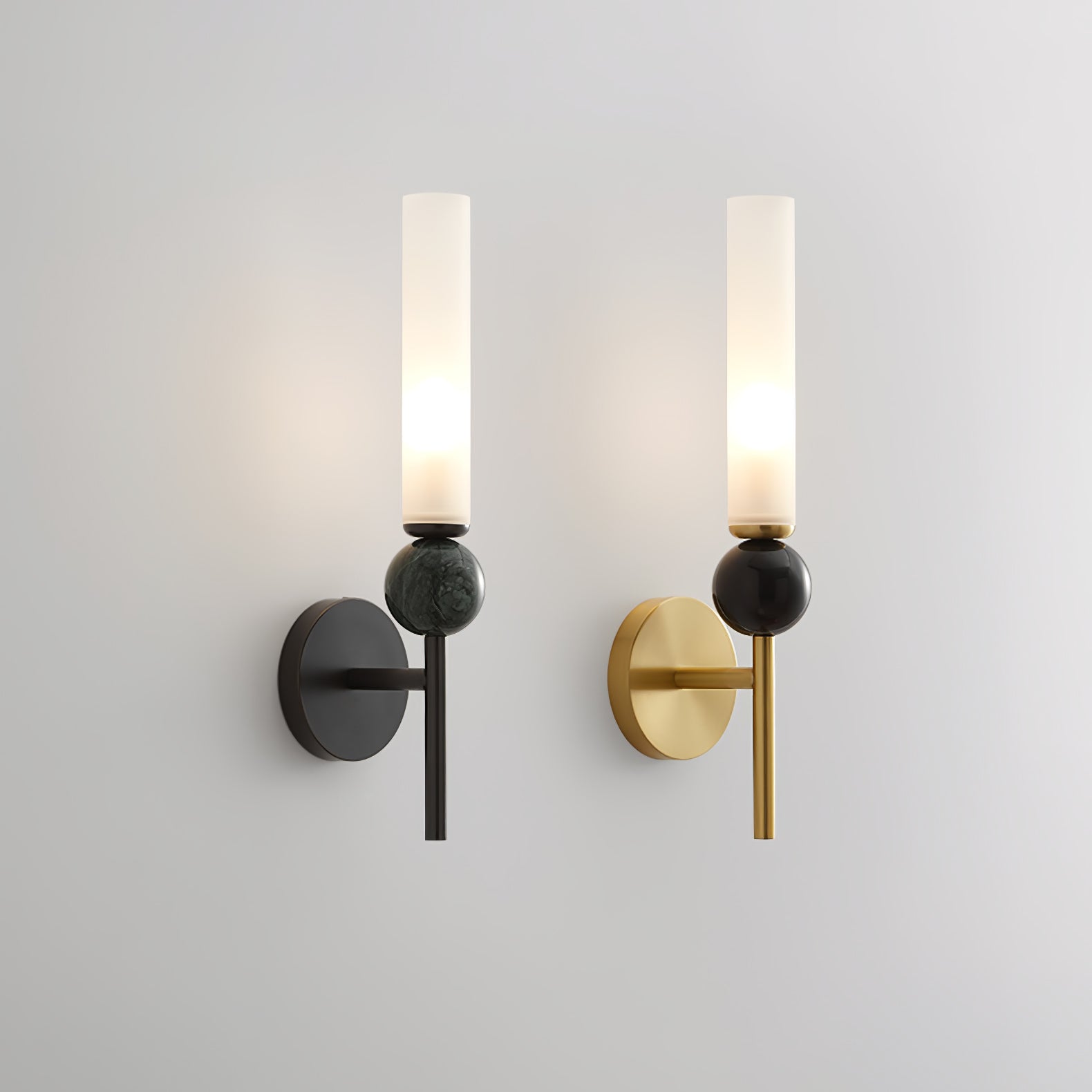 Modern Vertical Marble Wall Sconce with Solid Brass Arm and Acrylic Diffuser