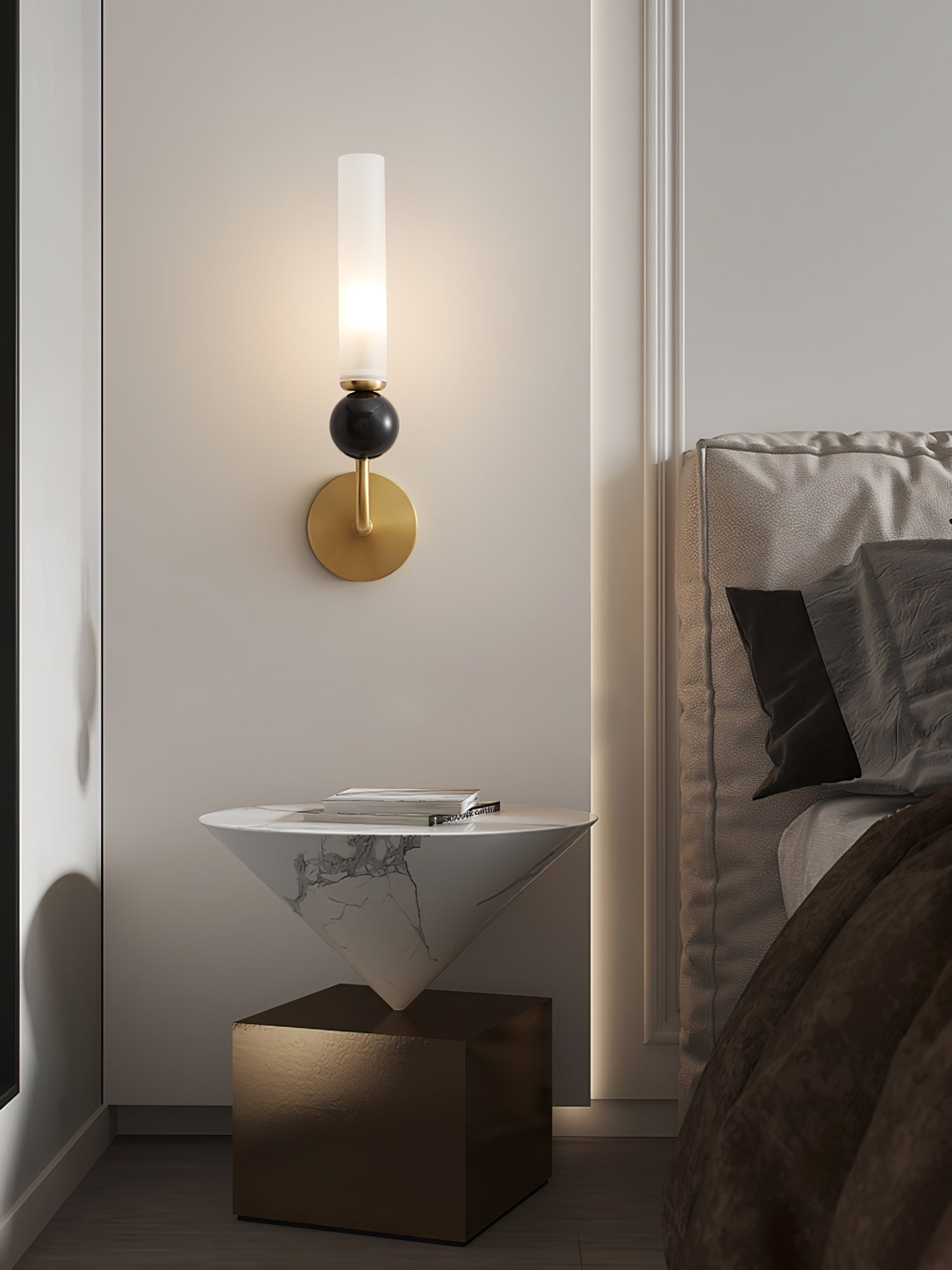 Modern Vertical Marble Wall Sconce with Solid Brass Arm and Acrylic Diffuser