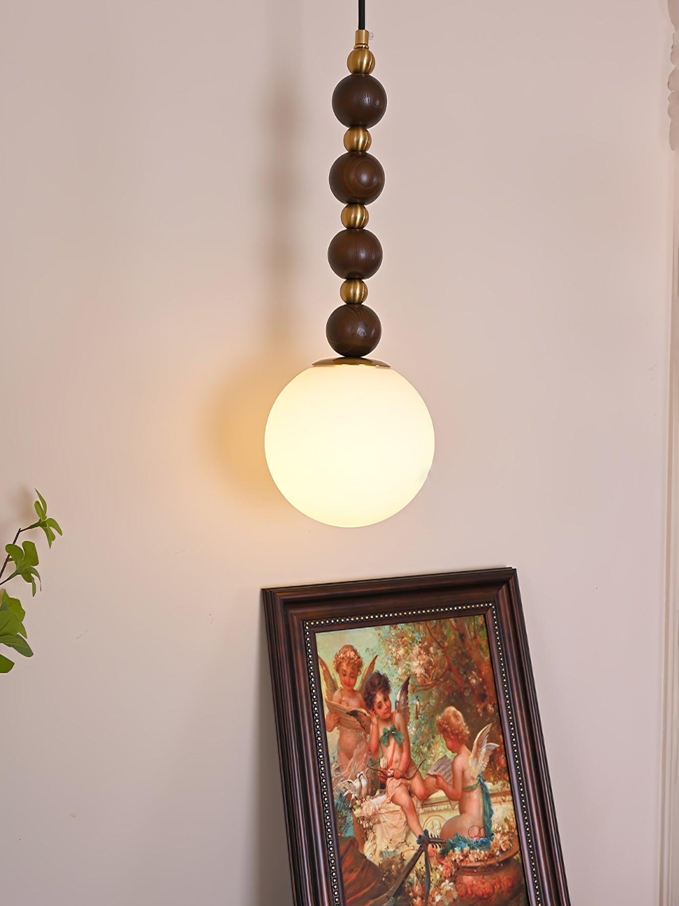 Modern Vertical Walnut Wood Ball Pendant Light with Frosted Glass Globe Diffuser
