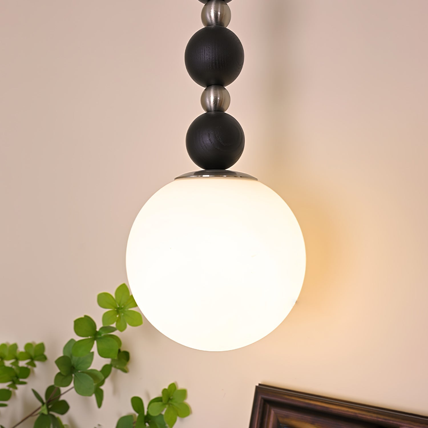 Modern Vertical Walnut Wood Ball Pendant Light with Frosted Glass Globe Diffuser