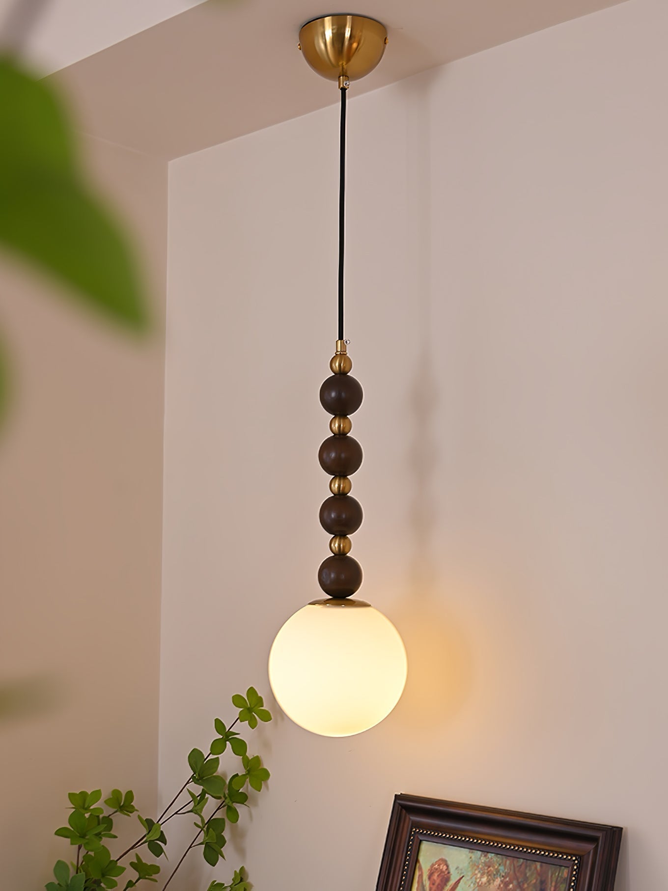 Modern Vertical Walnut Wood Ball Pendant Light with Frosted Glass Globe Diffuser
