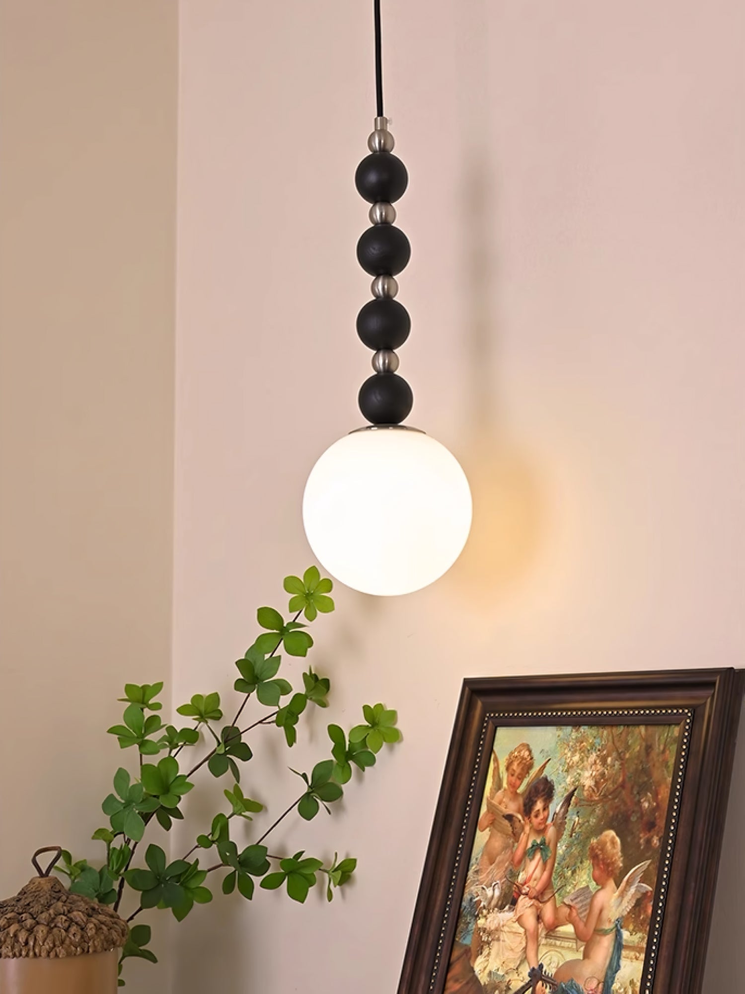 Modern Vertical Walnut Wood Ball Pendant Light with Frosted Glass Globe Diffuser