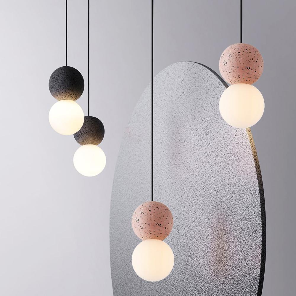 Modern Volcanic Stone and Glass Globe Pendant Light Plug In Swag Lamp