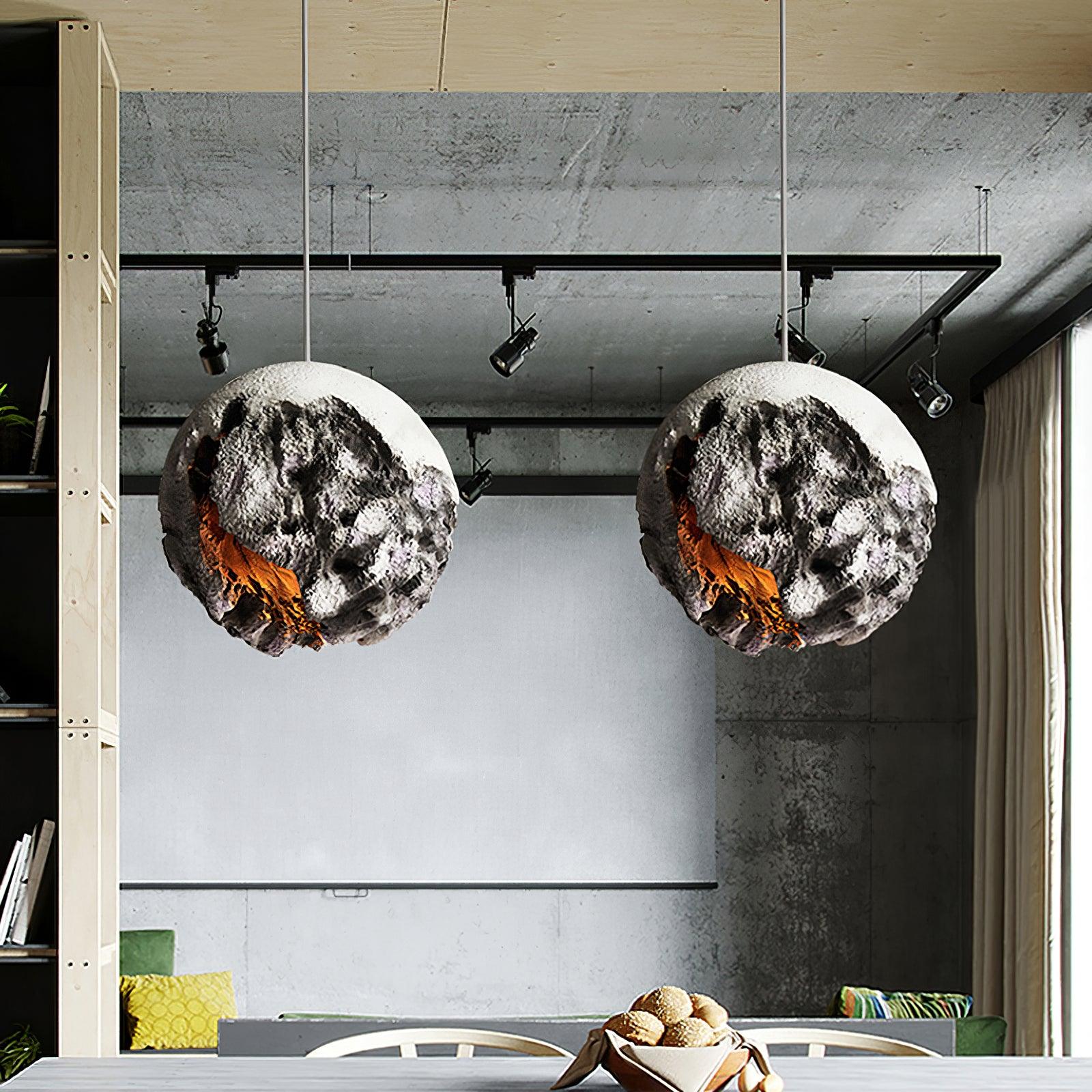 Modern Wabi Sabi Grey Planet Pendant Light Artistic Textured Resin Hanging Ceiling Lamp