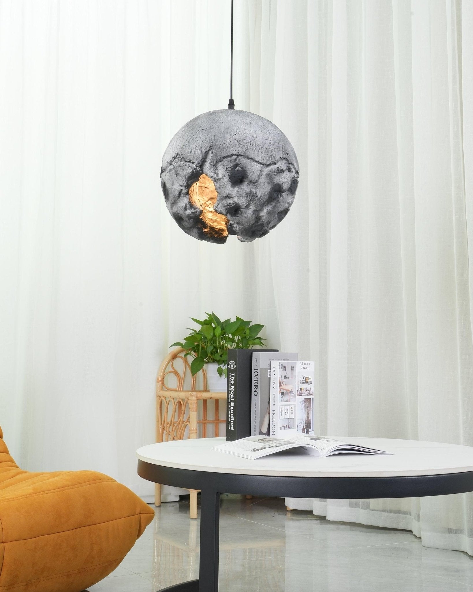 Modern Wabi Sabi Grey Planet Pendant Light Artistic Textured Resin Hanging Ceiling Lamp