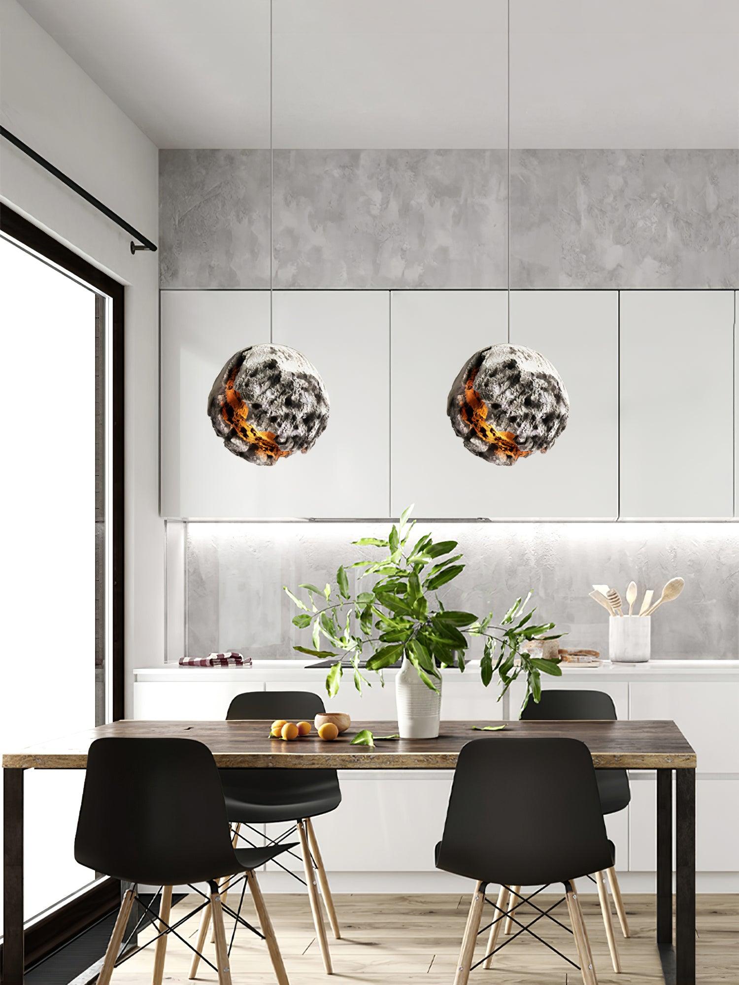 Modern Wabi Sabi Grey Planet Pendant Light Artistic Textured Resin Hanging Ceiling Lamp