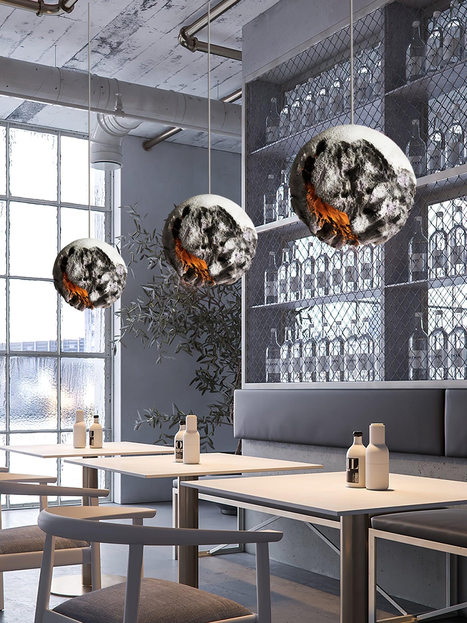 Modern Wabi Sabi Grey Planet Pendant Light Artistic Textured Resin Hanging Ceiling Lamp